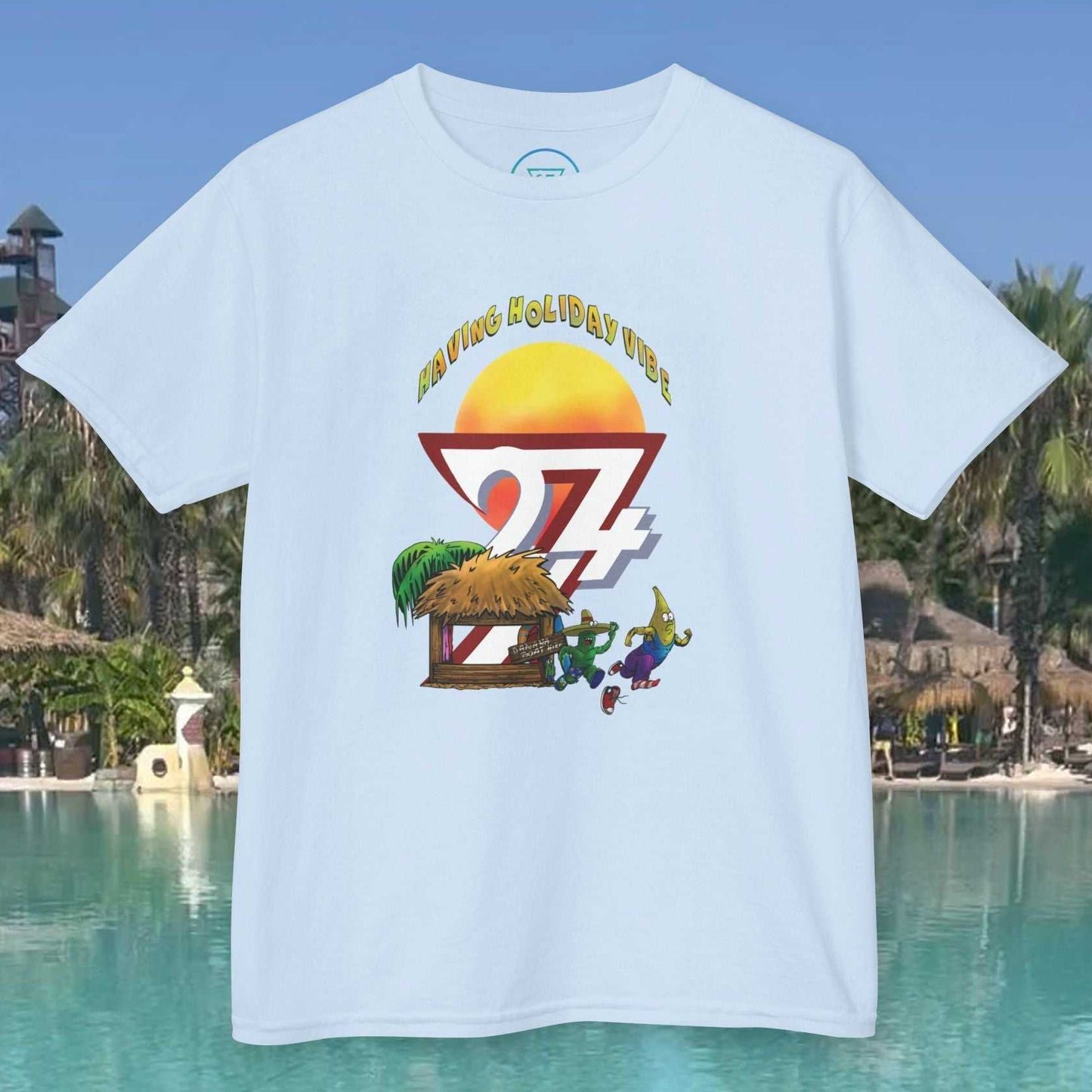 light blue banana t-shirt for kids with funny cartoon beach holiday design, 100% cotton summer tee for boys and girls