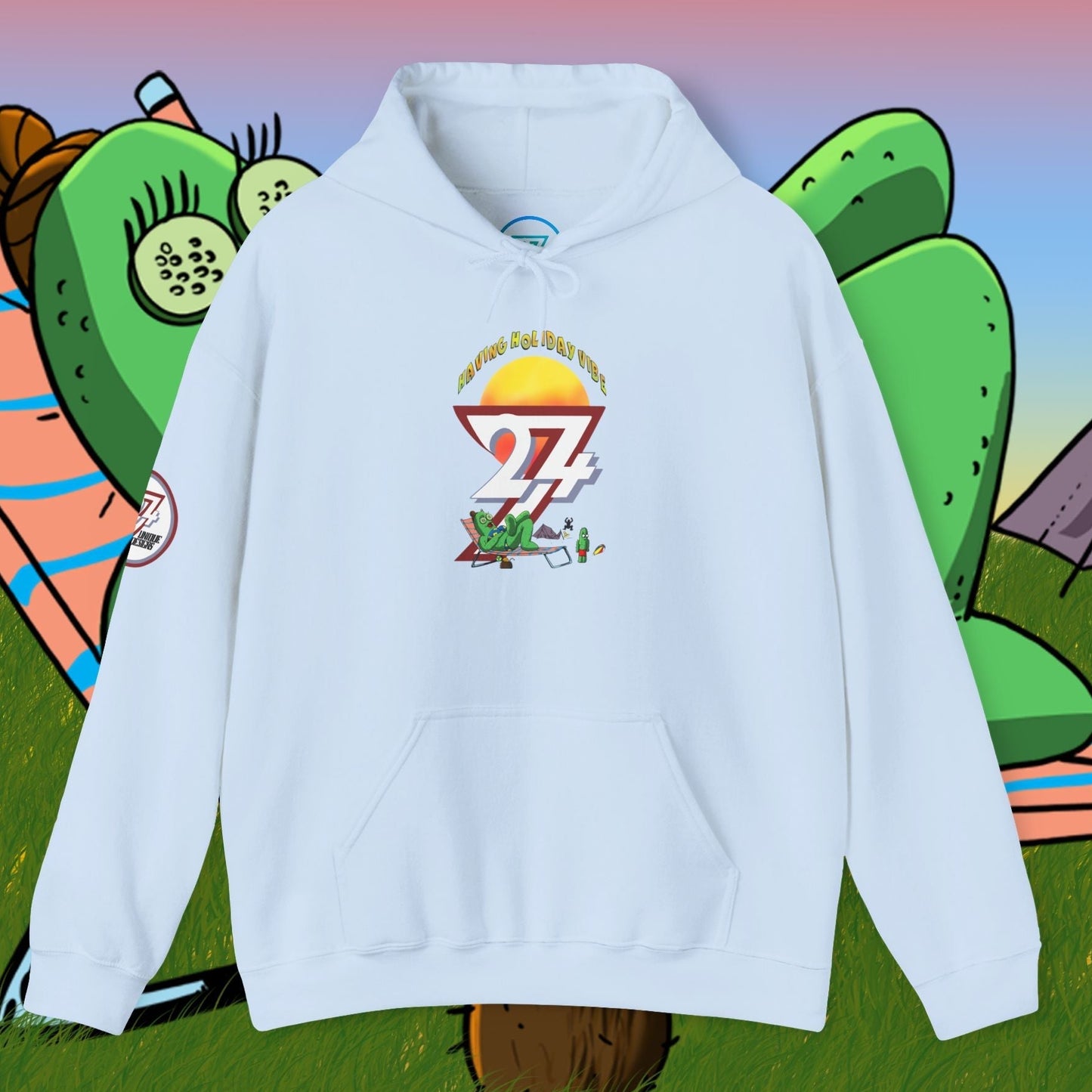 light blue cactus hoodie with cartoon camping design and kangaroo pocket