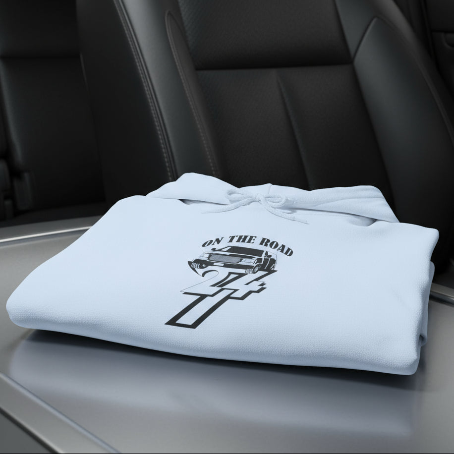 light blue car hoodie with hand-drawn vehicle design and "On The Road 24/7" text