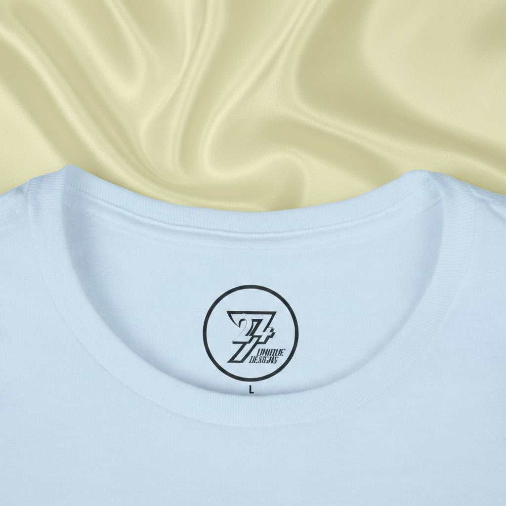 light blue t-shirt for women with round ribbed collar and 24/7 unique designs logo inside neckline