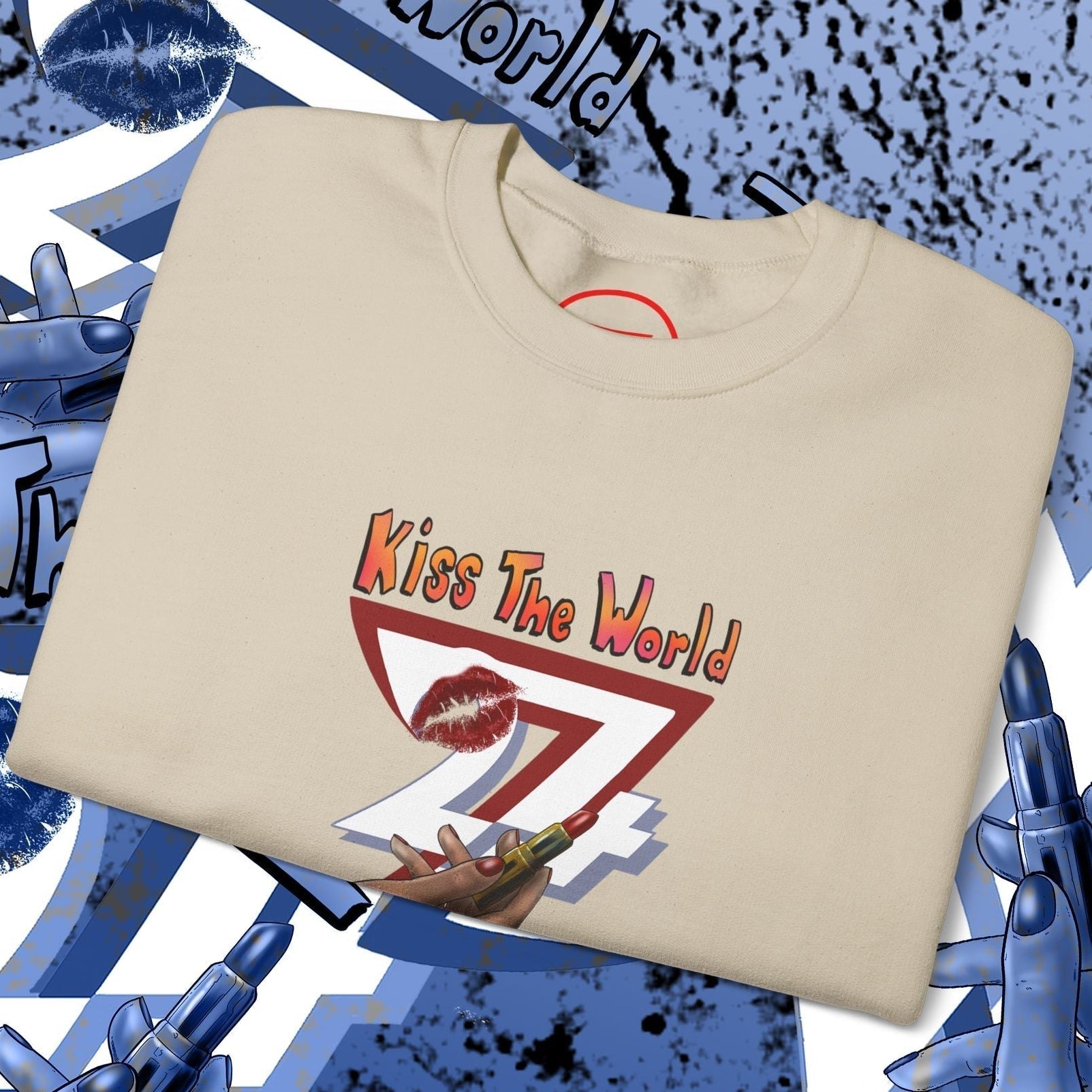 lipstick design on sweatshirt for women with "Kiss The World" graphic and lipstick illustration in beige crewneck style