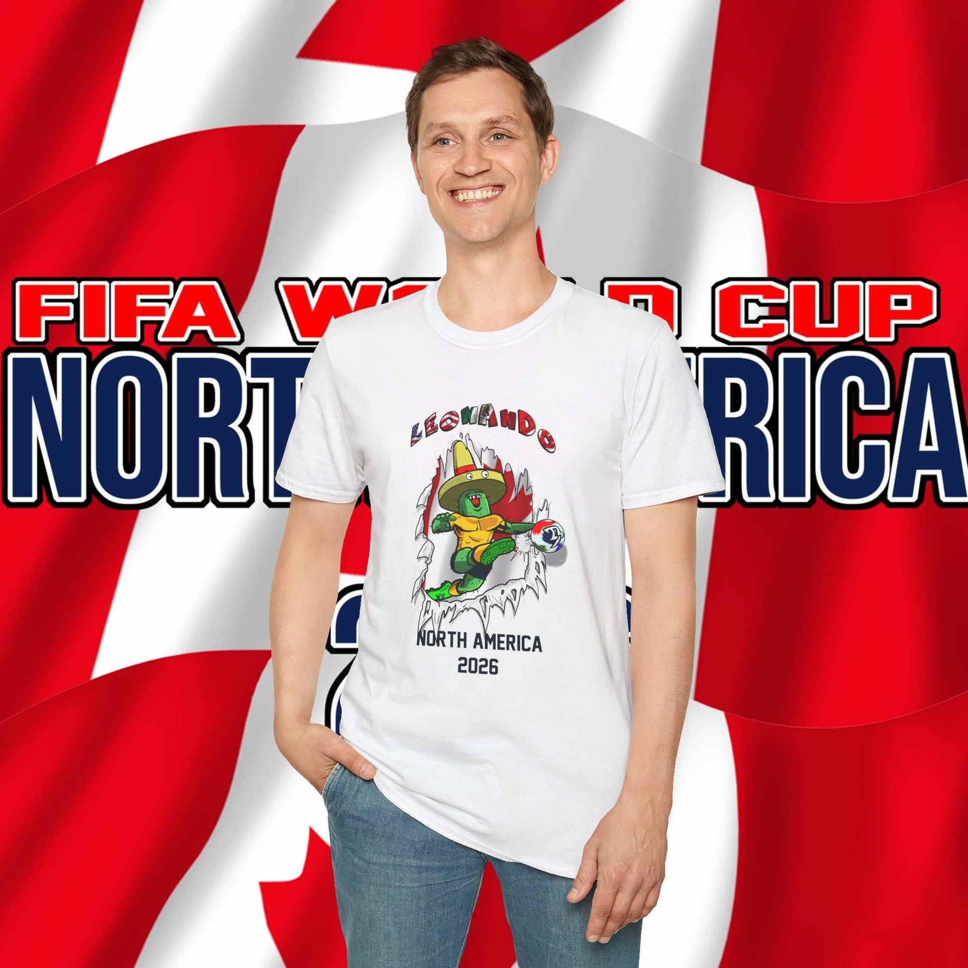 Male model wearing the White Leonando Canada 'Breakthrough' tee, showcasing the realistic hand-drawn shadow effect.