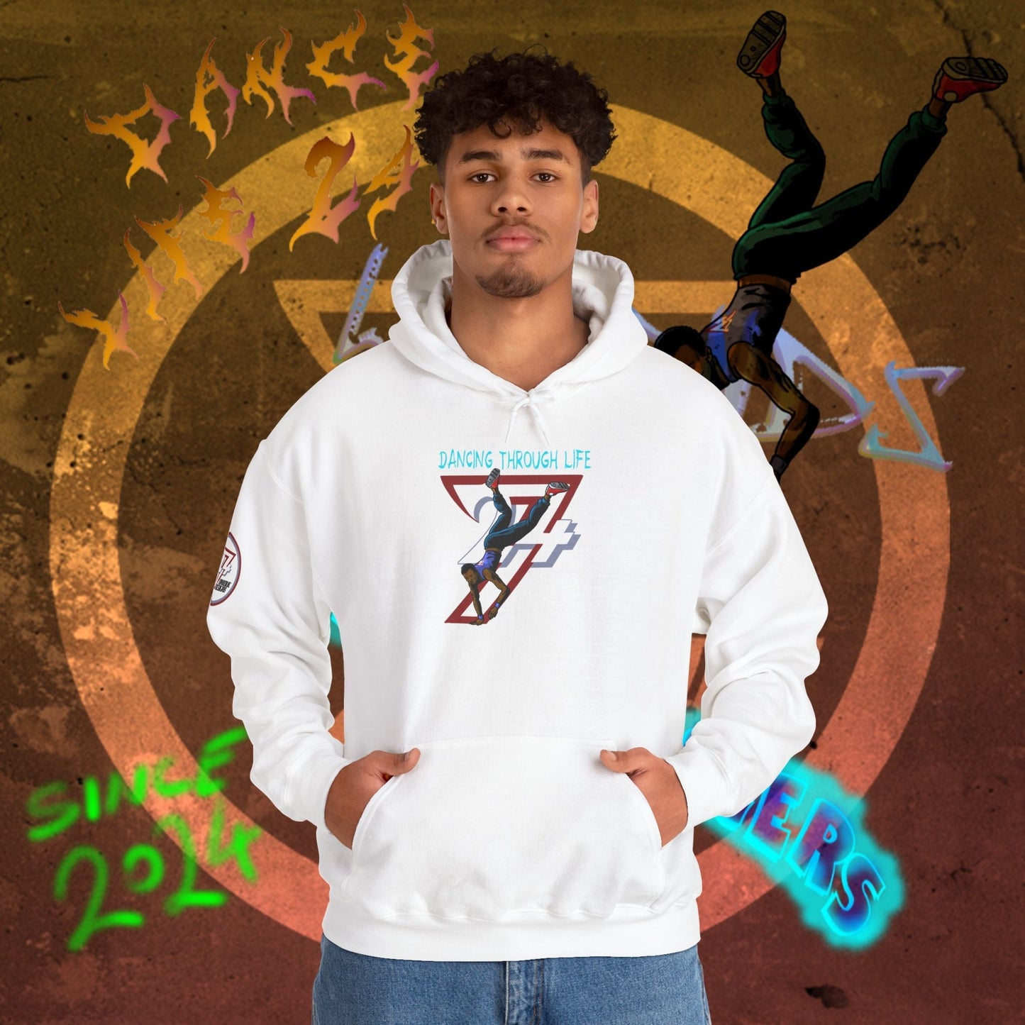 man wearing white street dance hoodie with hand-drawn dancer illustration and kangaroo pocket