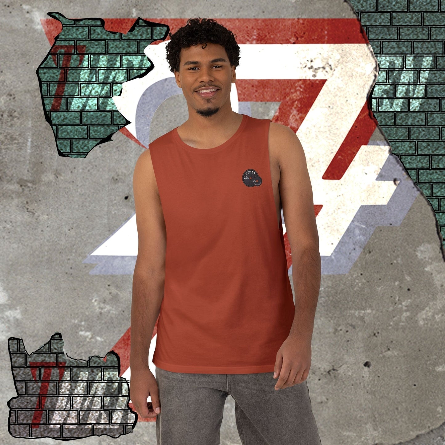 men's rust sleeveless workout top with raw edges and ribbed collar for fitness and training