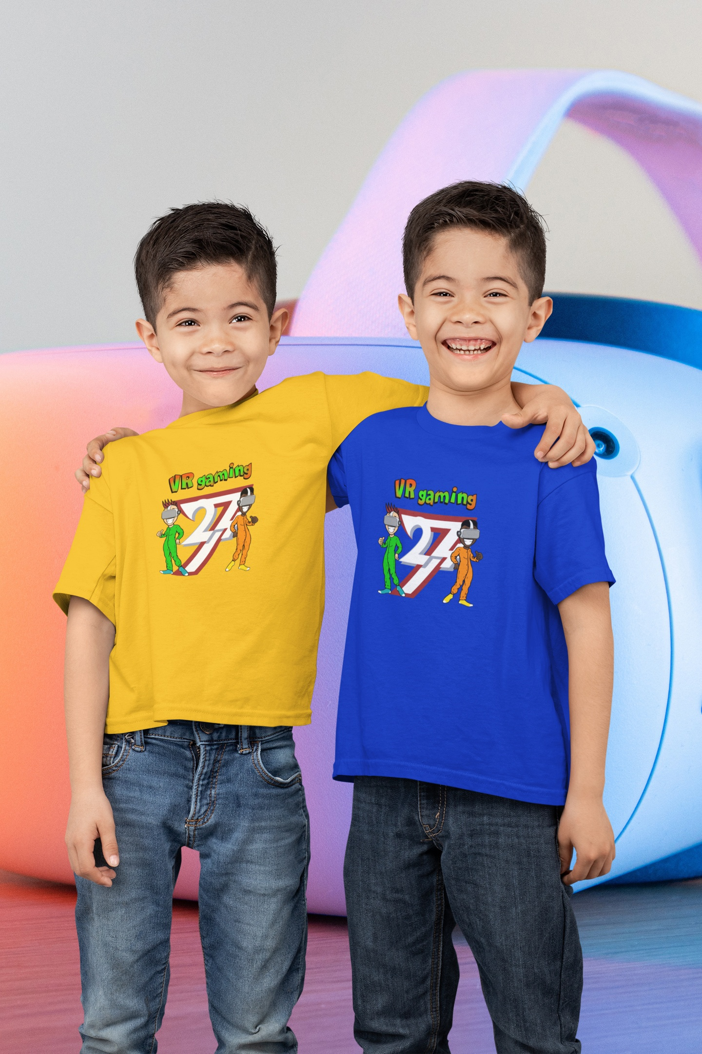 Kids VR Gaming T-Shirt in Gold and Royal Blue on two children