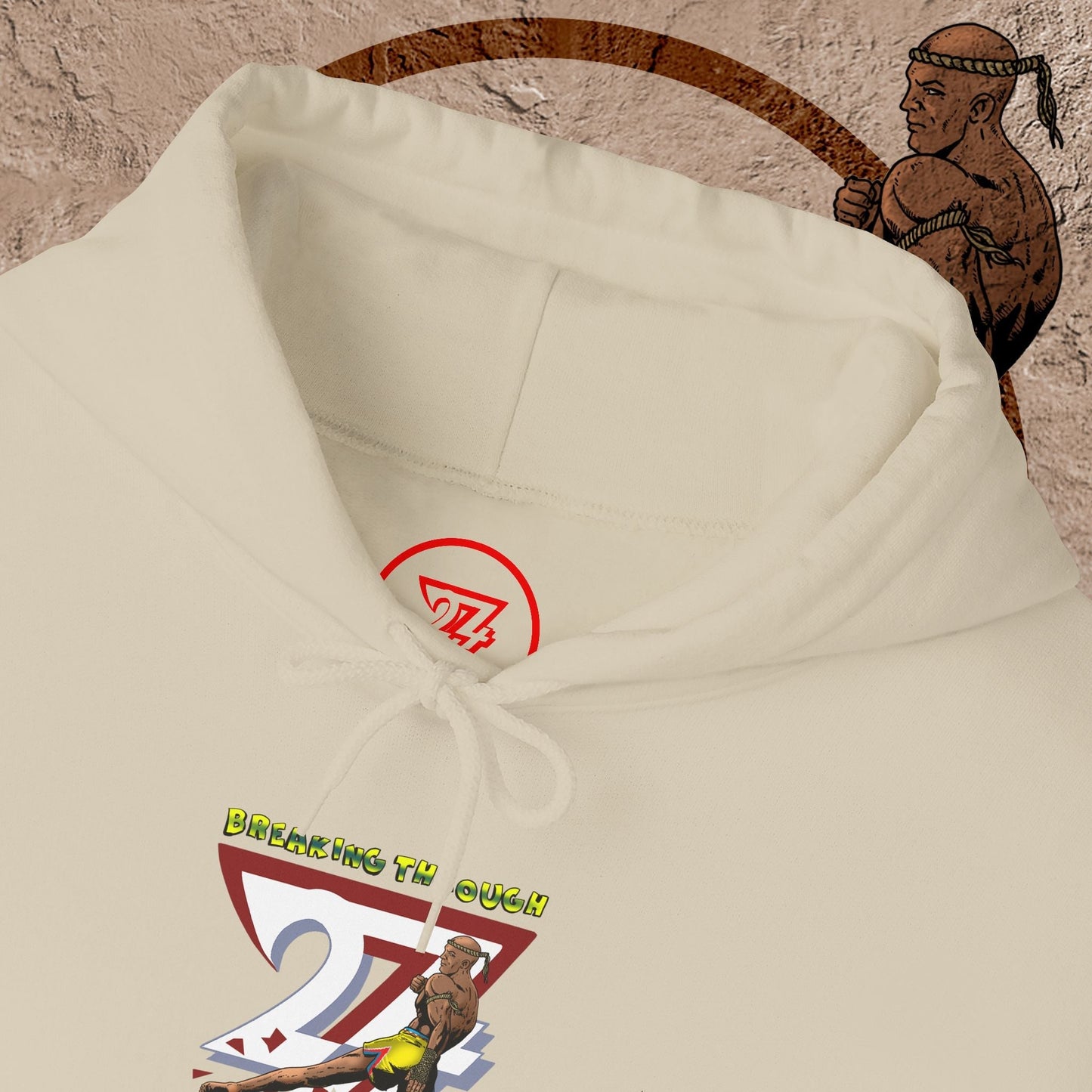 muay thai hooded sweatshirt with fighter graphic and drawstring hood in cream color