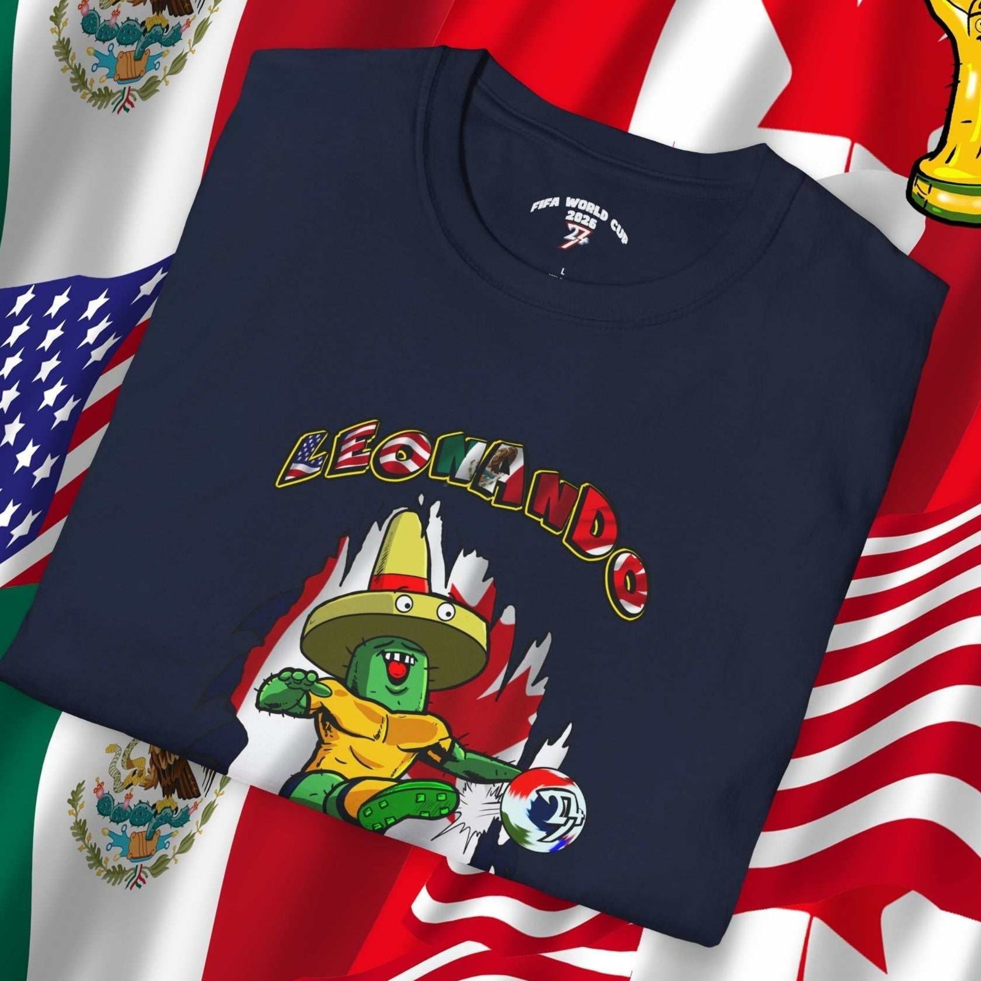 Professionally folded Solid Navy Leonando Canada shirt, highlighting the high-contrast flag colors and arched typography.