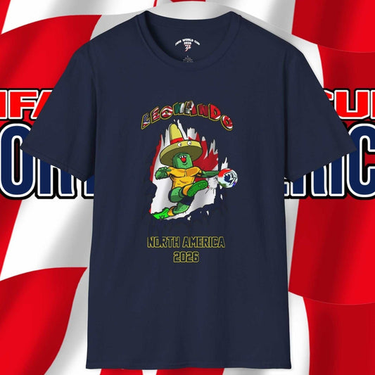 Front view of the 2026 World Cup Solid Navy tee featuring Leonando the Cactus and a 3D Canada flag breakthrough.