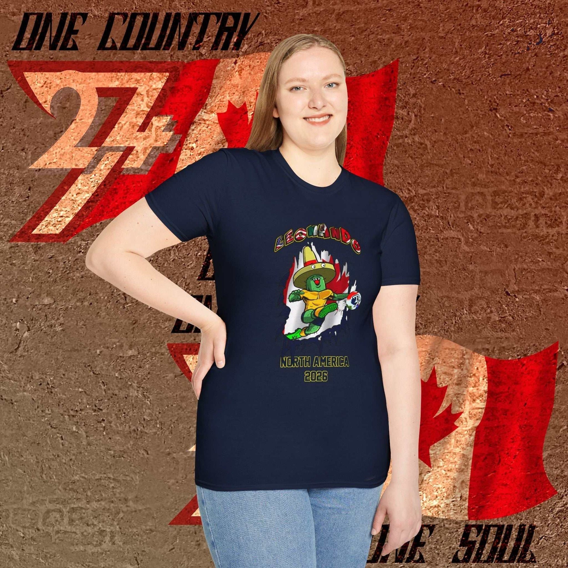 Female model wearing the Solid Navy Leonando Canada 3D tee, highlighting the seamless tubular knit construction.