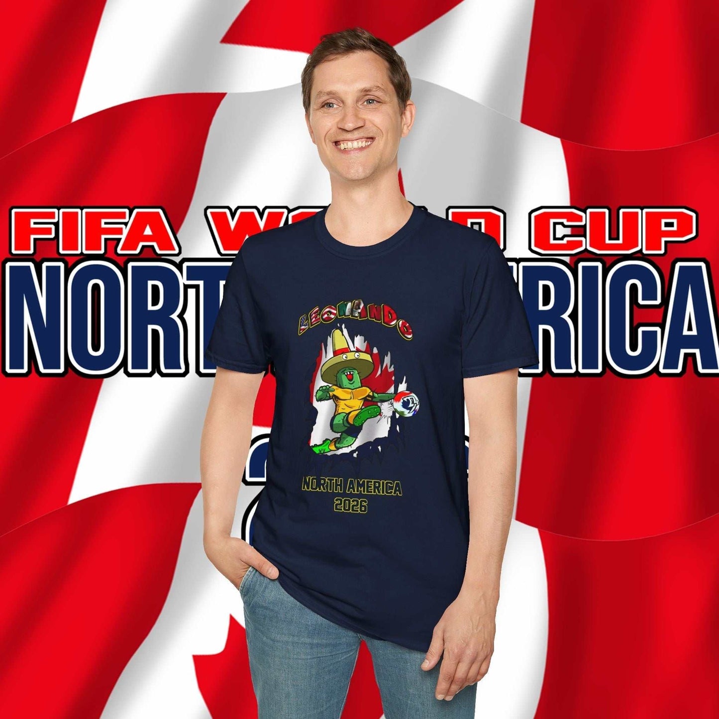 Male model wearing the Solid Navy Leonando Canada 'Breakthrough' tee, showcasing the athletic drape and vibrant mascot art.