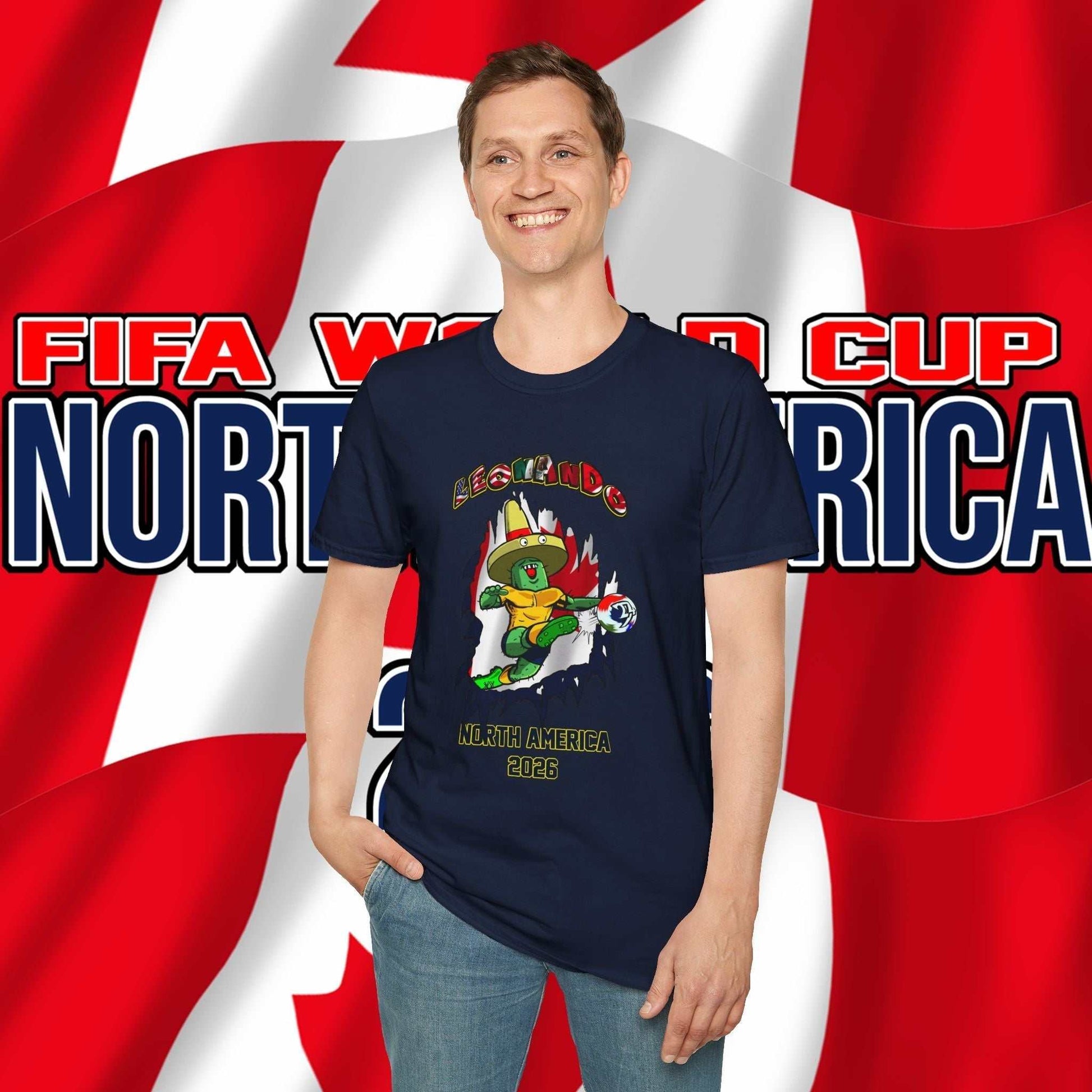 Male model wearing the Solid Navy Leonando Canada 'Breakthrough' tee, showcasing the athletic drape and vibrant mascot art.