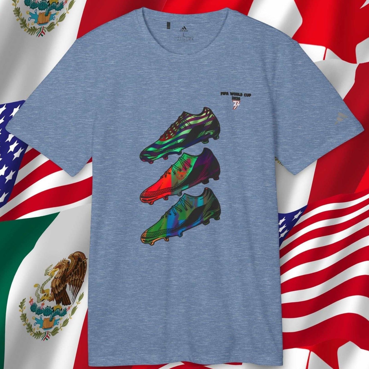 Front view of the Collegiate Navy Heather Adidas 2026 World Cup shirt with "Difference" layer hand-drawn boot graphic.