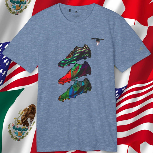 Front view of the Collegiate Navy Heather Adidas 2026 World Cup shirt with "Difference" layer hand-drawn boot graphic.