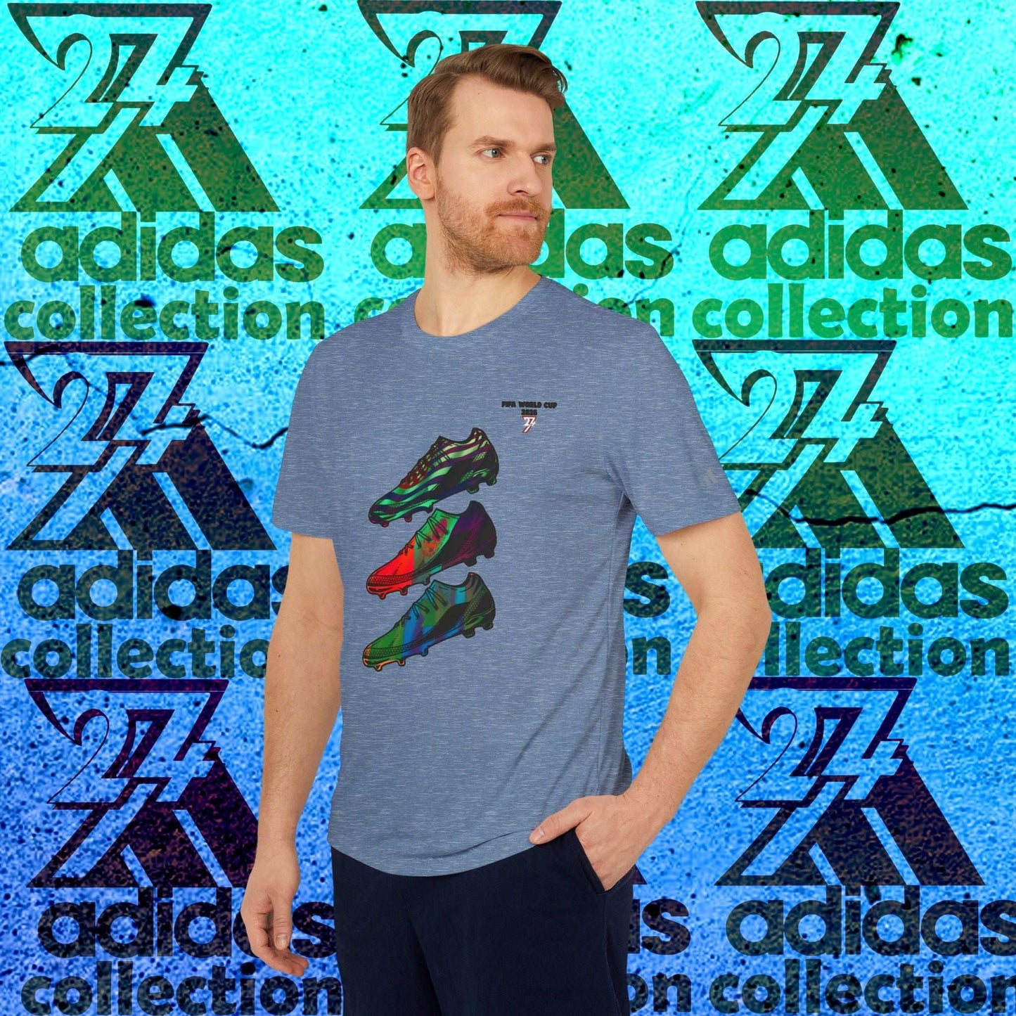 Male model wearing the 'Spectral Inverse' World Cup Adidas Navy tee, highlighting the shifting flag colors on the boot stack.