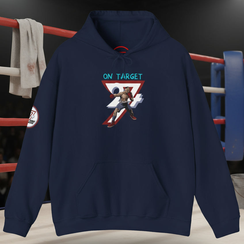 navy blue boxing hoodie with hand-drawn boxer design and kangaroo pocket for outdoor training and casual wear