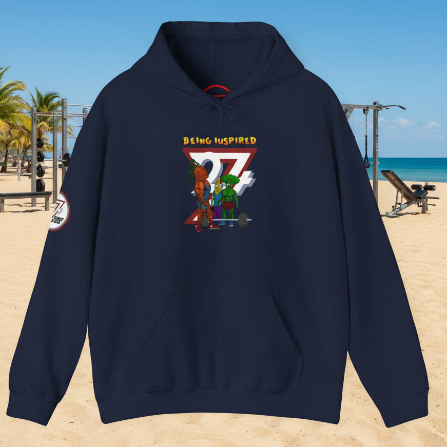navy blue custom hoodie with banana and broccoli comic workout characters and "Being Inspired" text front design