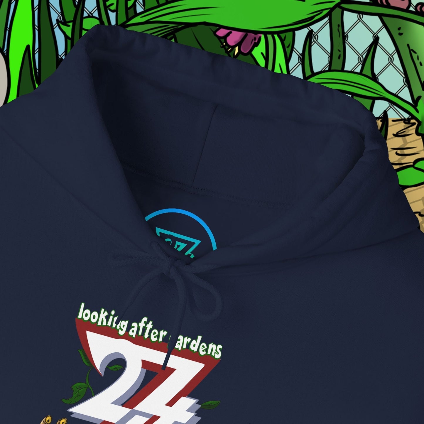 navy blue gardening hoodie with cute slug, snail, and mole cartoon characters design