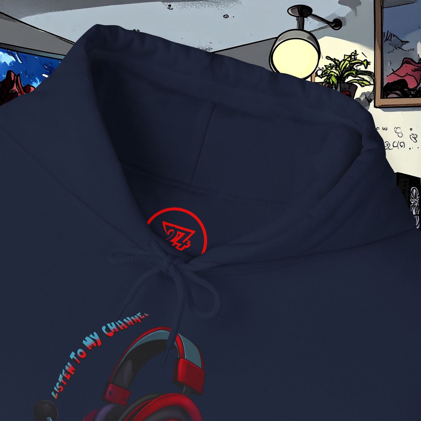 navy blue headset hoodie with red and black headphone design on front and drawstring hood