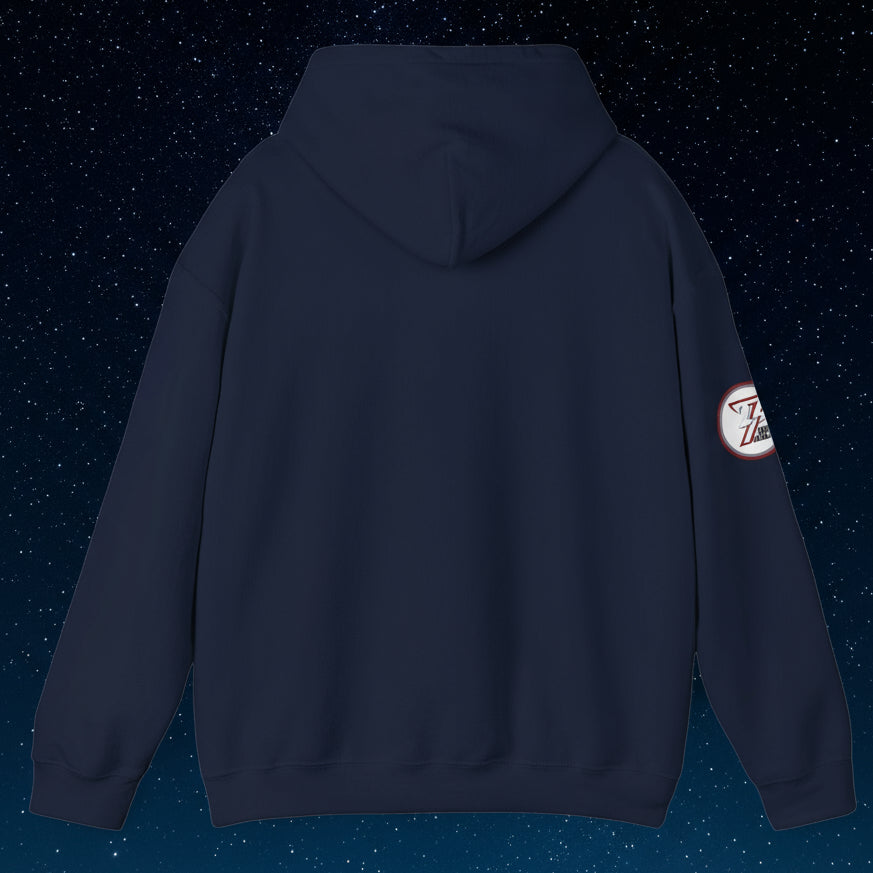 navy blue rugby hoodie sweatshirt with hand-drawn design on sleeve back view
