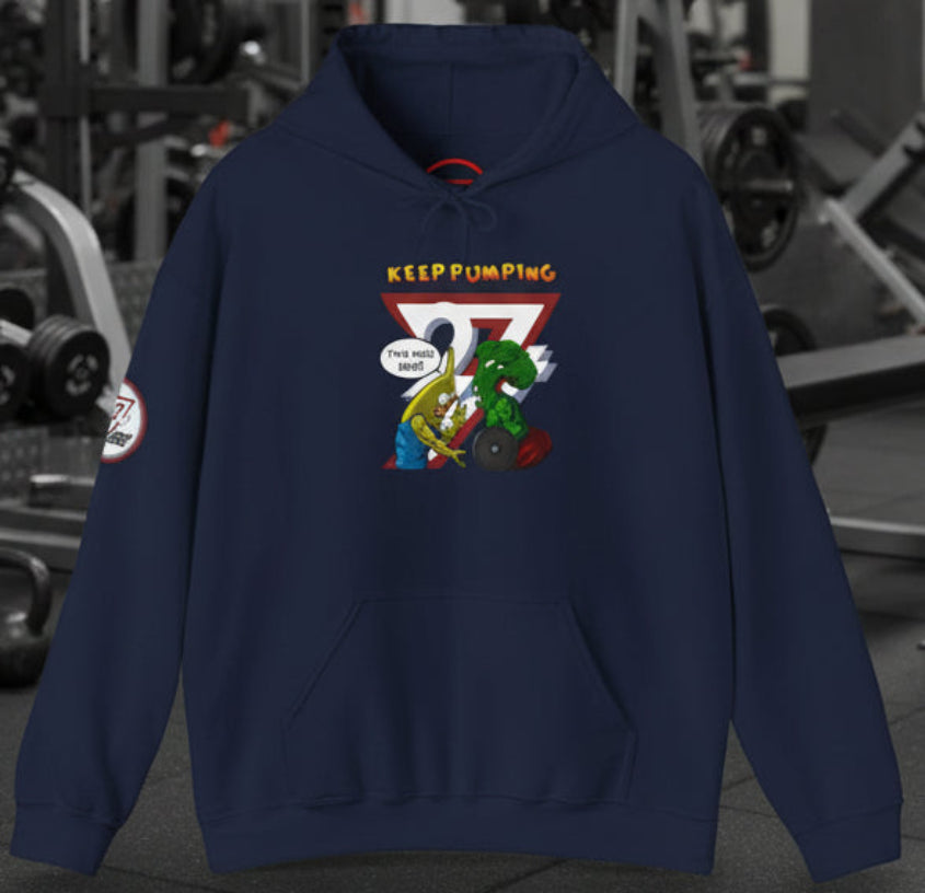 navy blue workout hoodie with cartoon broccoli and banana lifting weights design