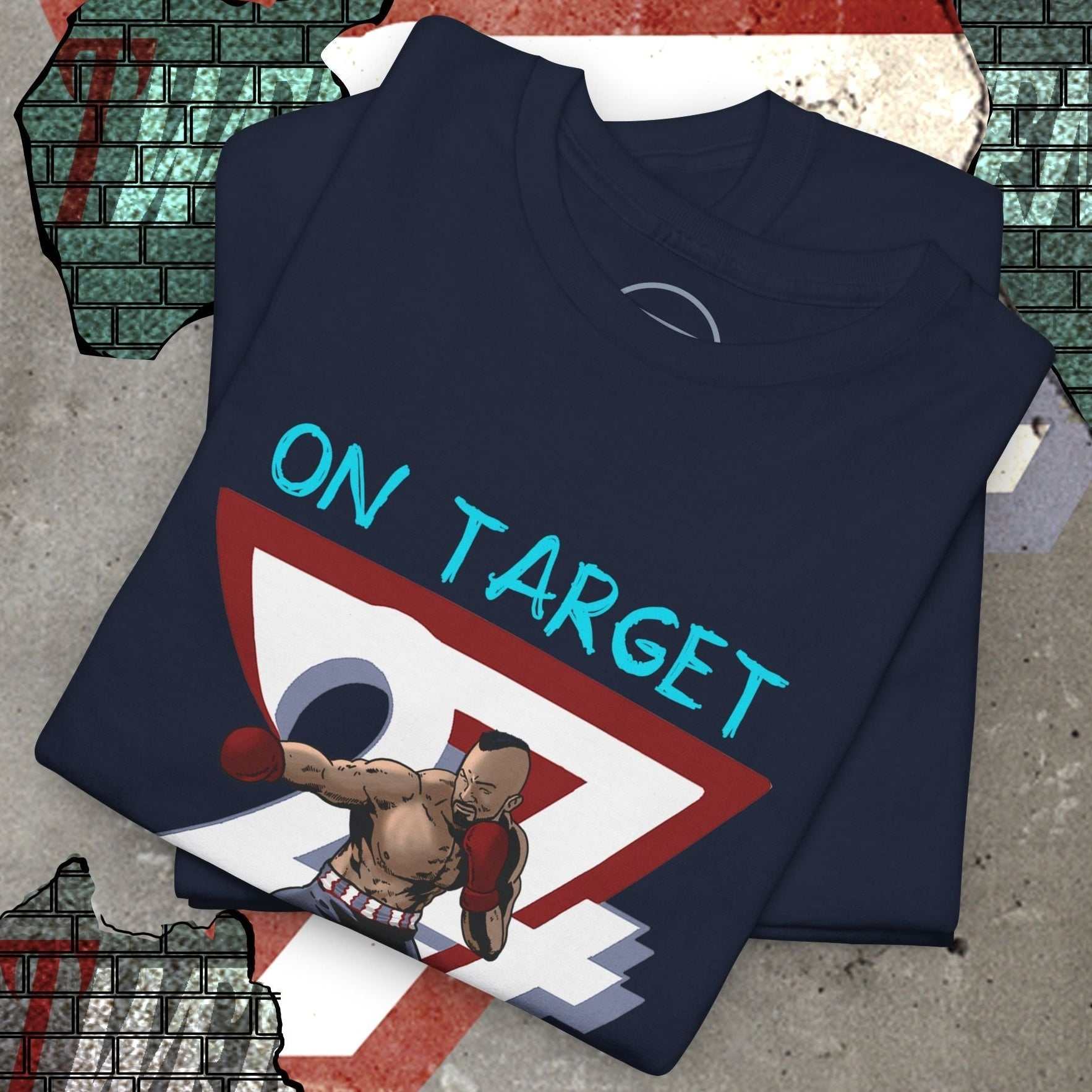 navy boxing tee with comic-style illustration of a boxer and text "ON TARGET" front print