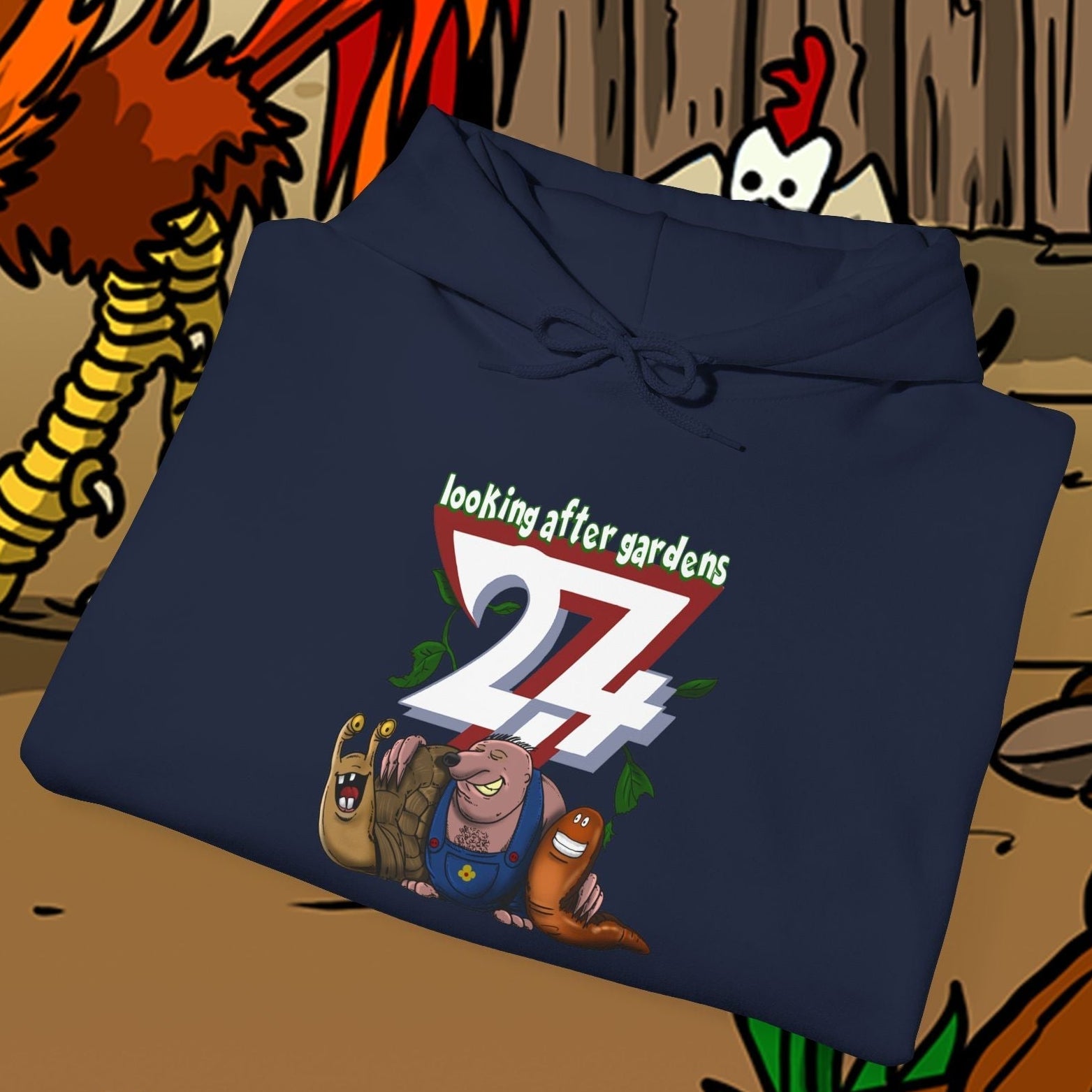navy gardening hoodie with cute slug snail and mole cartoon design and 27 looking after gardens text