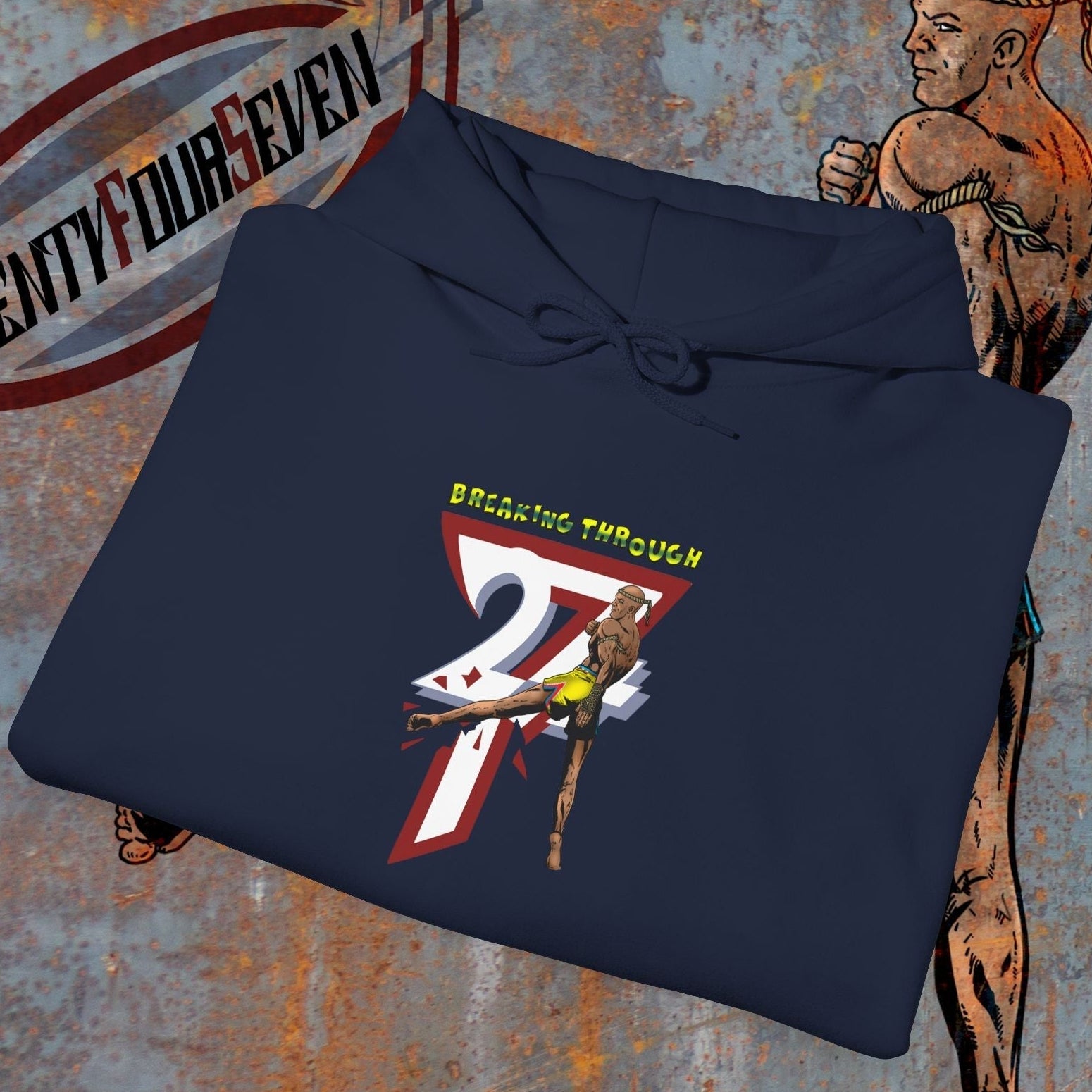 navy muay thai hooded sweatshirt with breaking through 247 graphic and fighter illustration