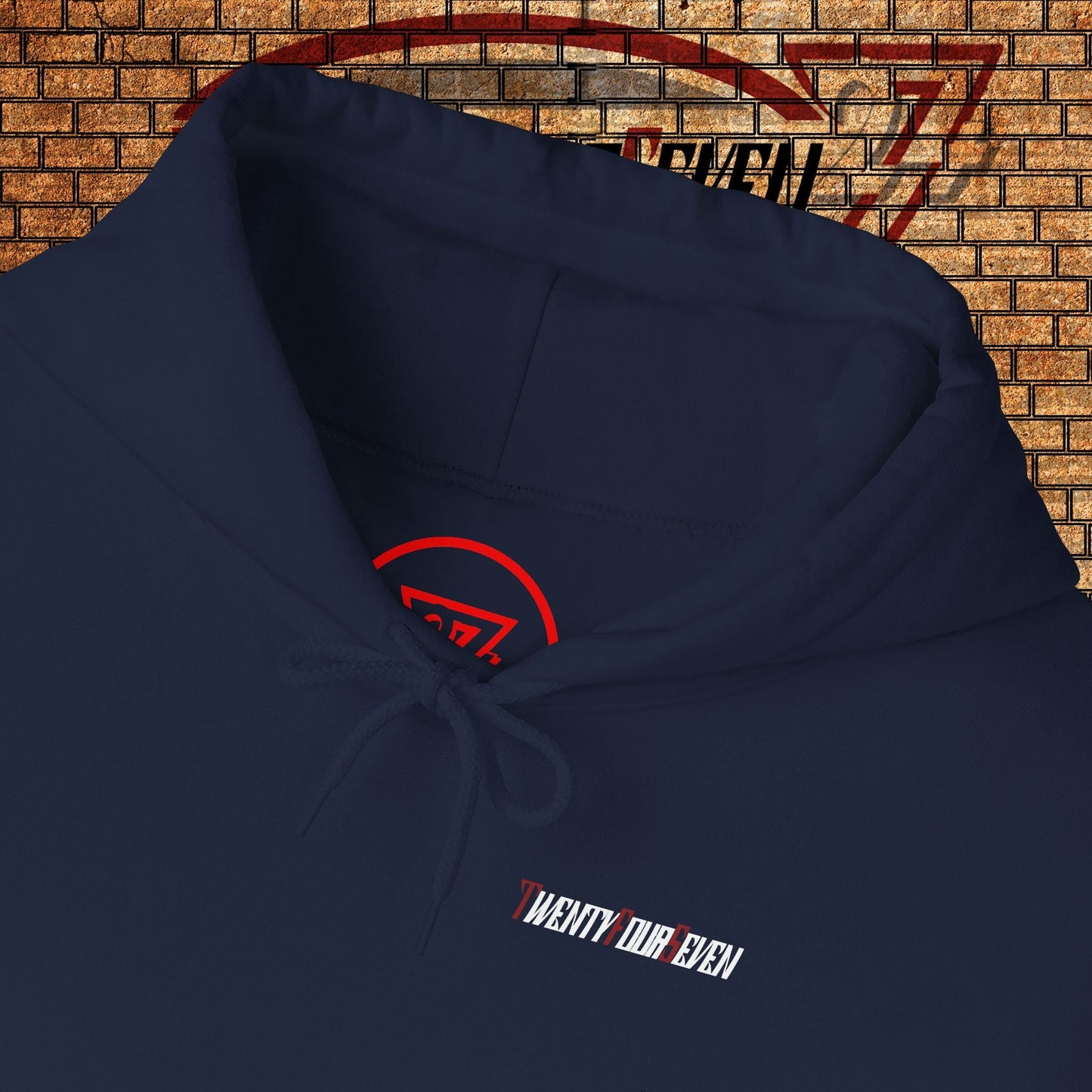 navy printed hoodie with twentyfourseven logo and adjustable drawstring hood