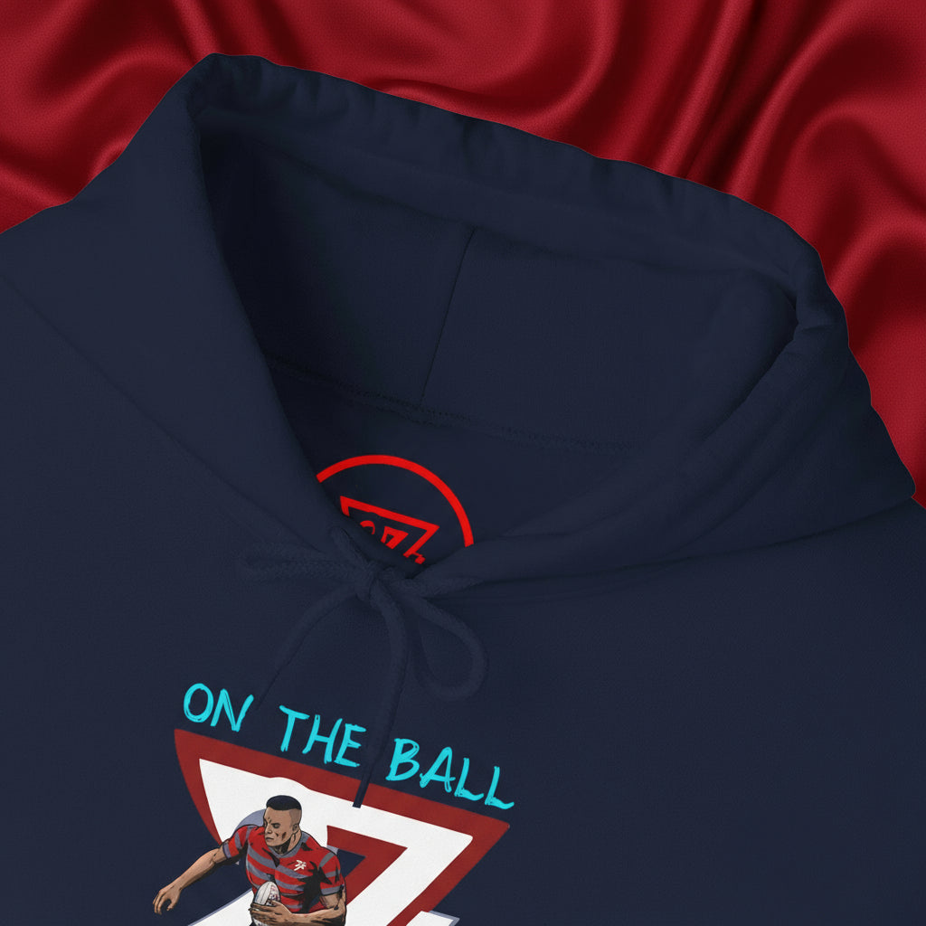 navy rugby hoodie with vibrant hand-drawn rugby player design and adjustable drawstring hood