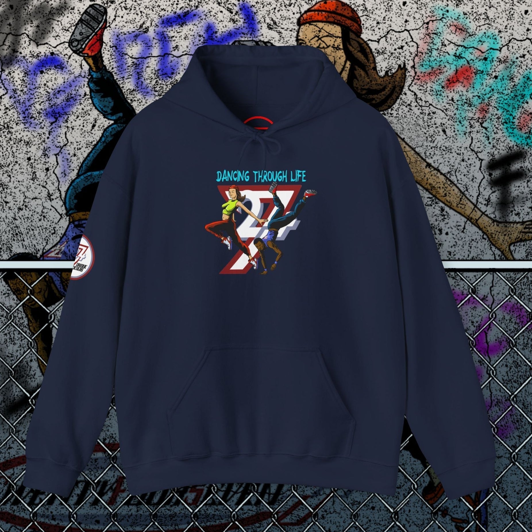 navy streetwear hoodie with urban dance graphic and kangaroo pocket