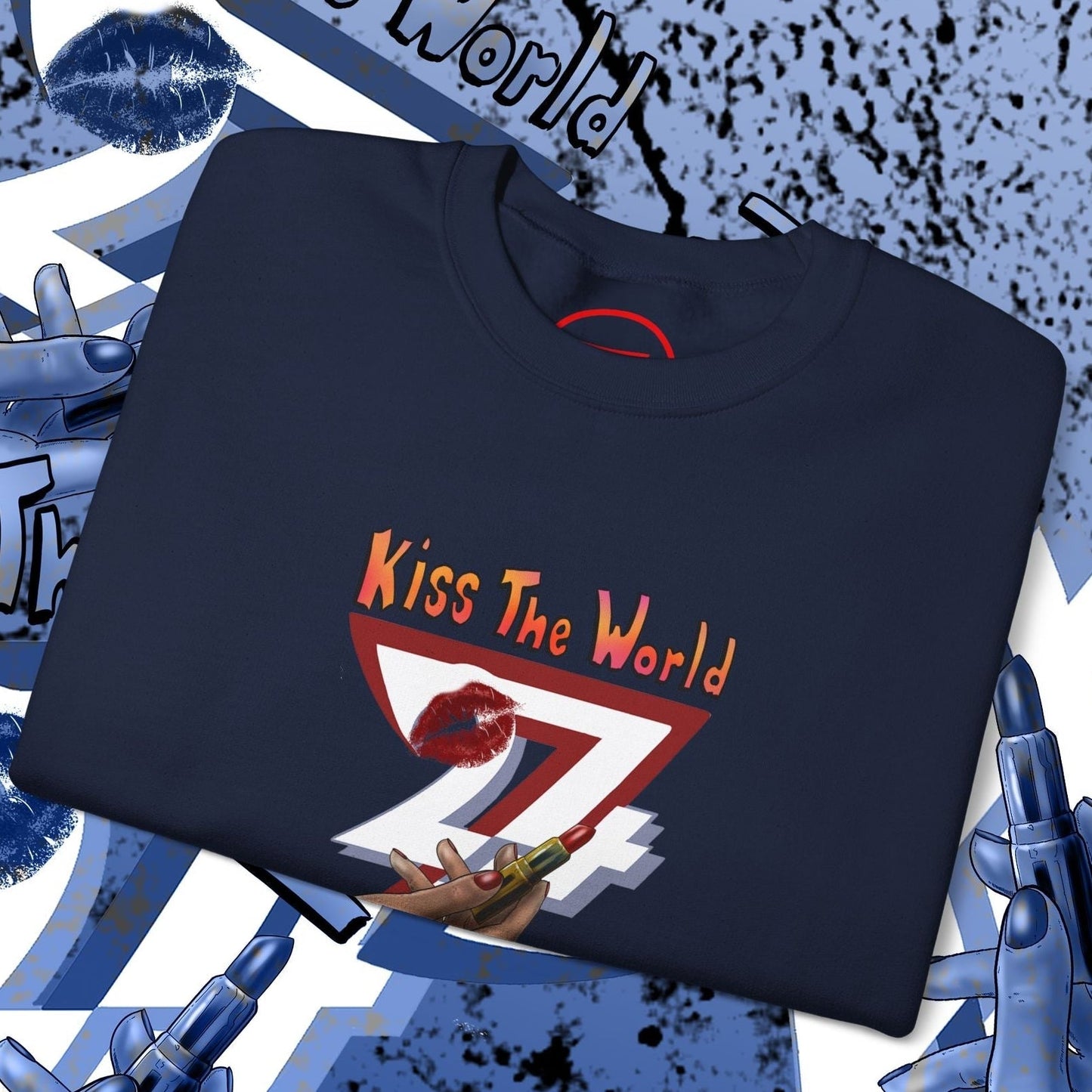 navy sweatshirt with bold lipstick and "Kiss The World" graphic design