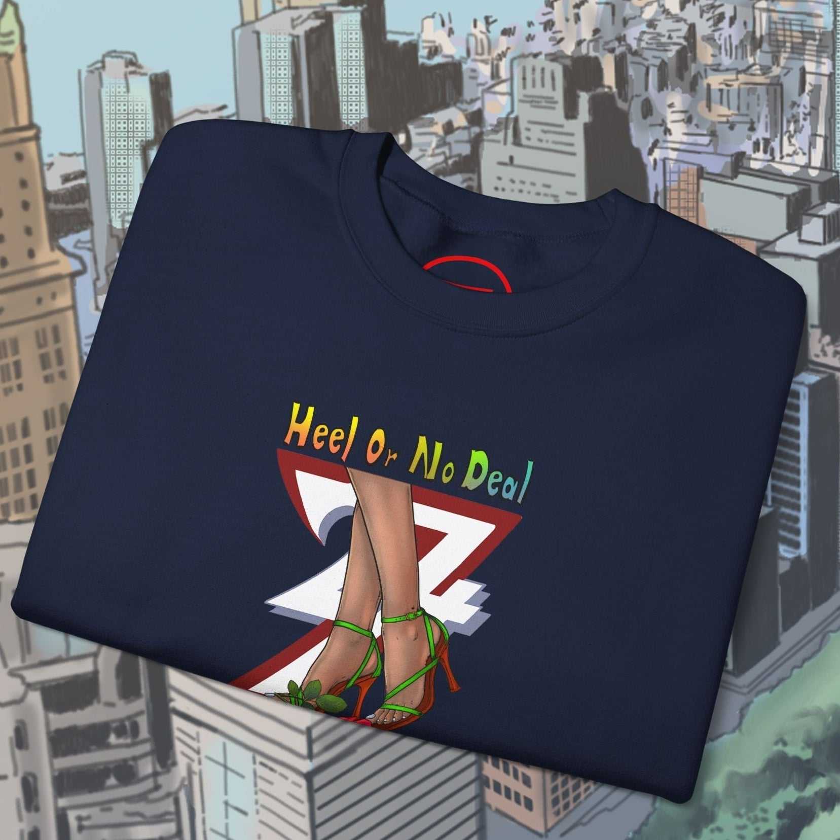 navy sweatshirt with colorful hand-drawn rose design and text "Heel Or No Deal" for women, casual streetwear gift