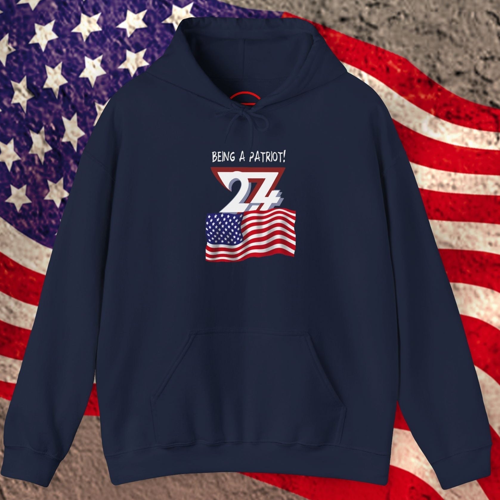 navy usa flag hoodie with patriotic hand-drawn design and kangaroo pocket