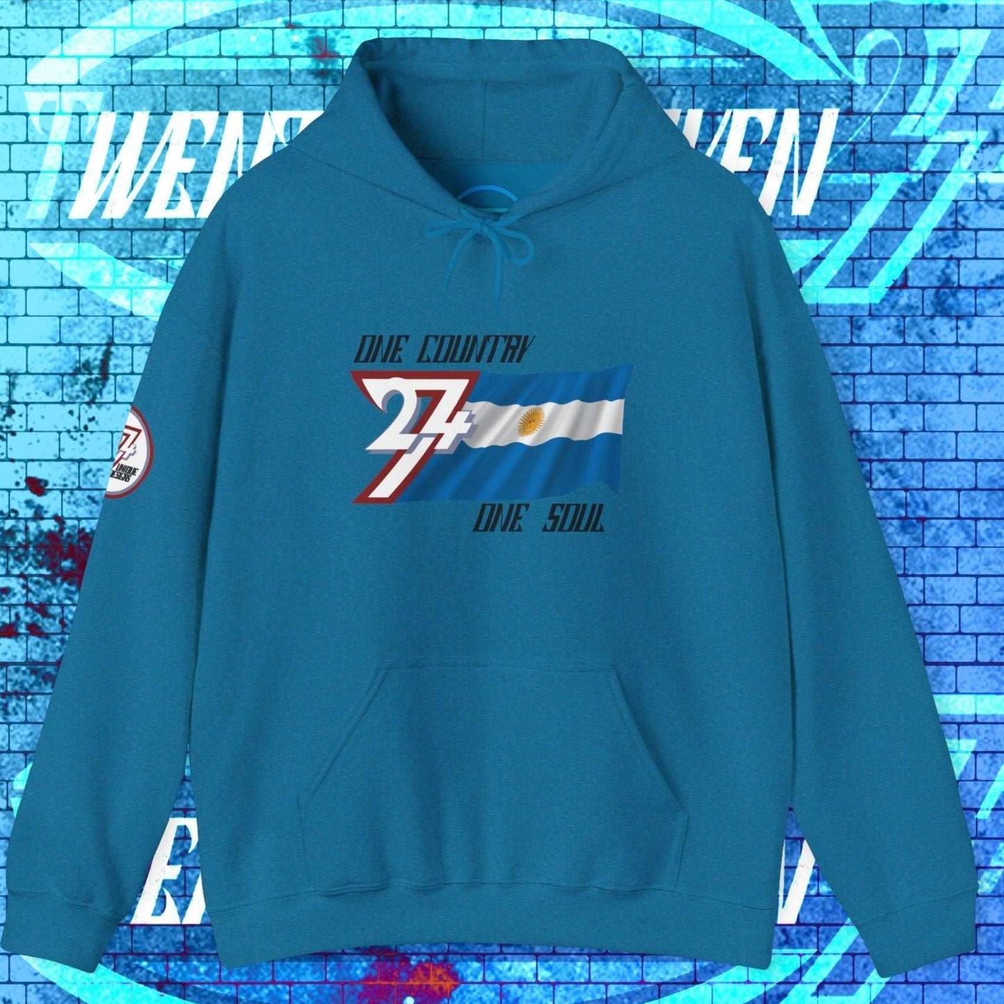 Ocean Blue Argentina flag hoodie with intentional lines and premium 8oz drape.