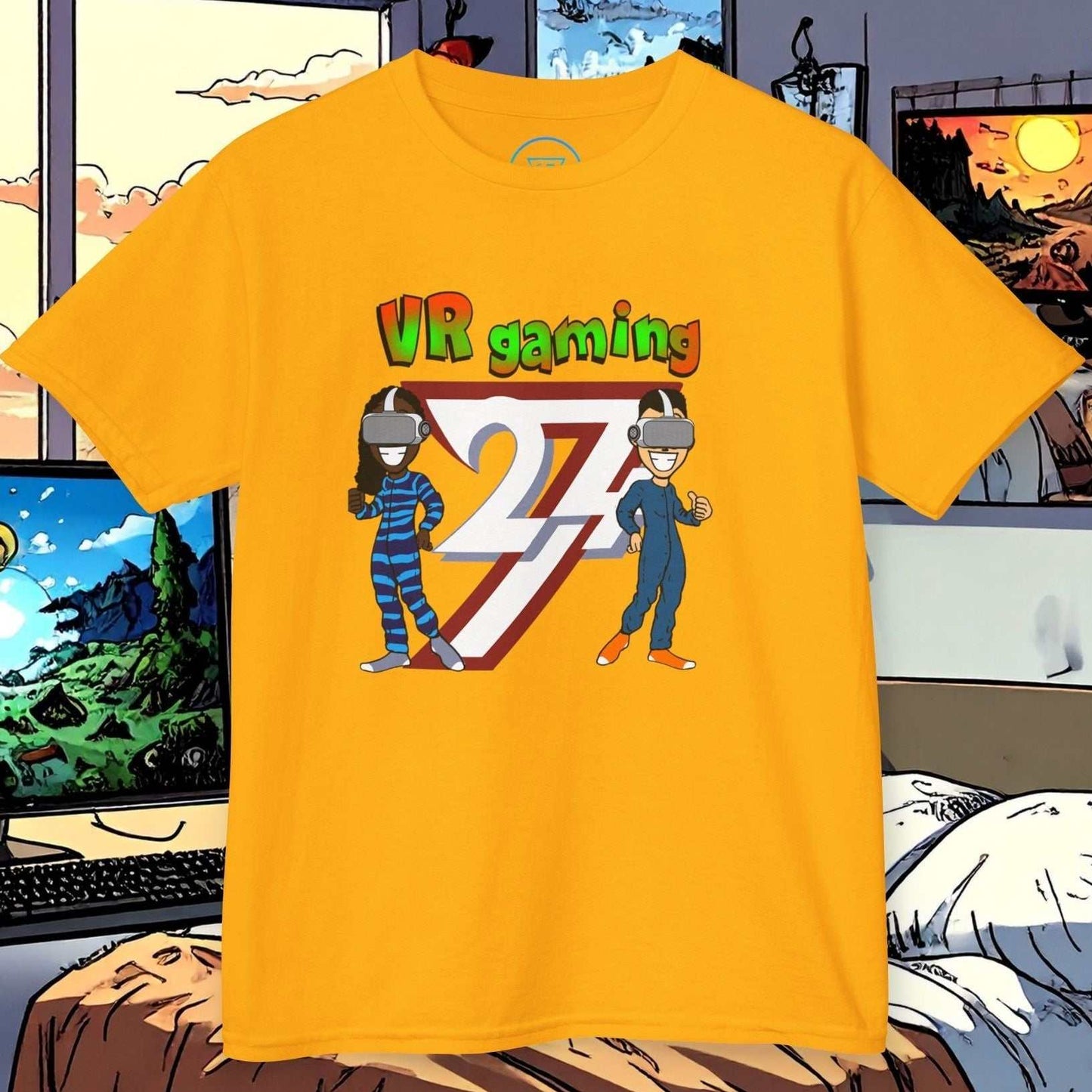 Gold Kids T-Shirt with the authentic 24/7 Atelier gamer art.