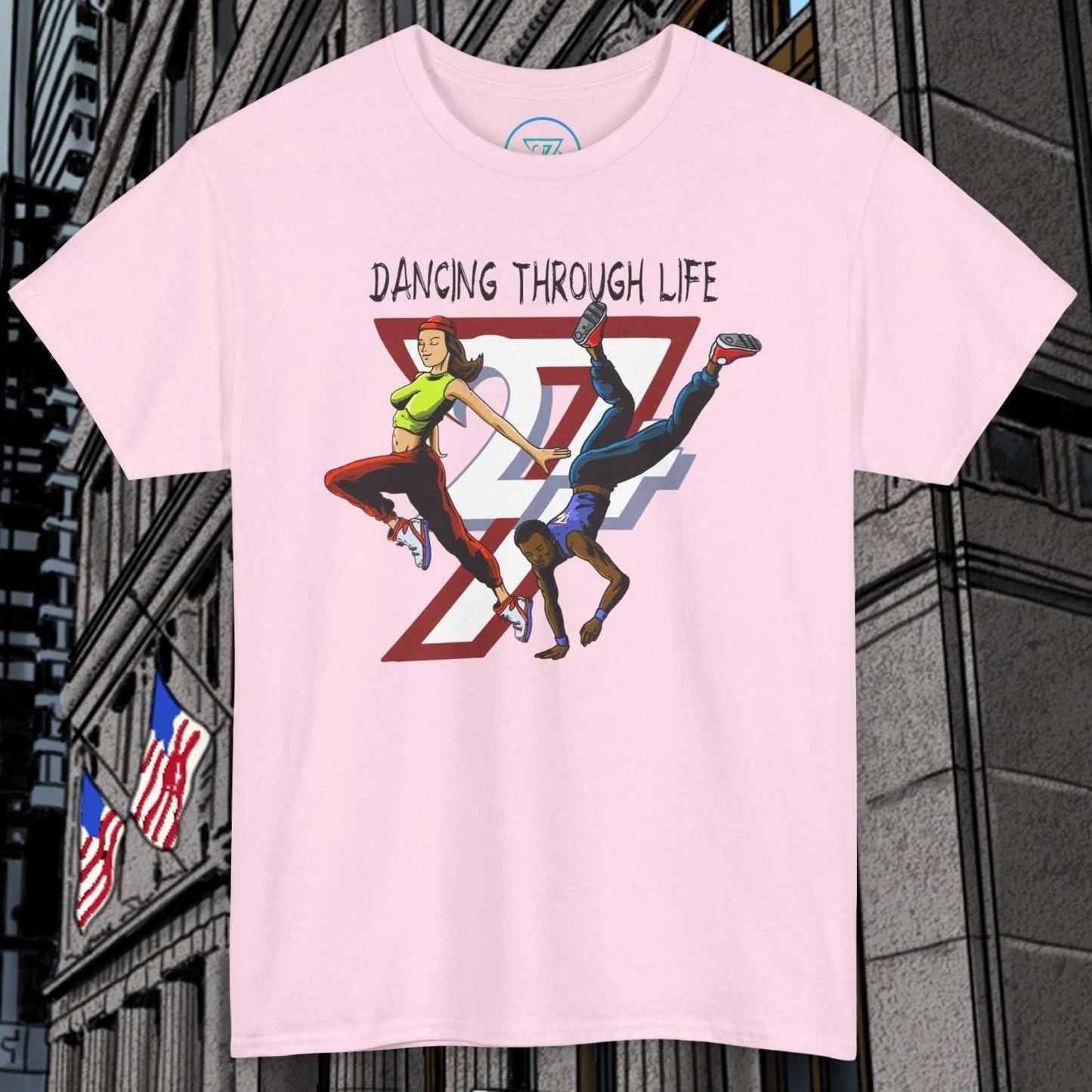 pink street dance comic art t-shirt with graphic of two dancers and text dancing through life urban hip-hop style