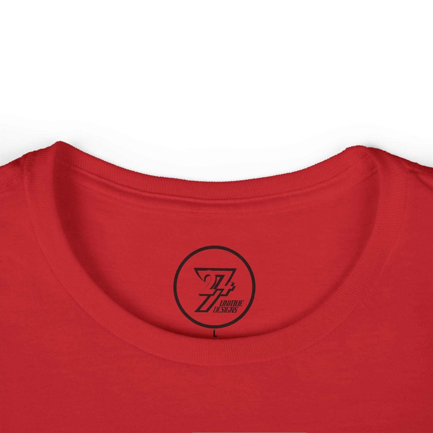 Close-up view of the red t-shirt's collar, showing the custom tag-free printed inner neck 24/7 logo for ultimate comfort.