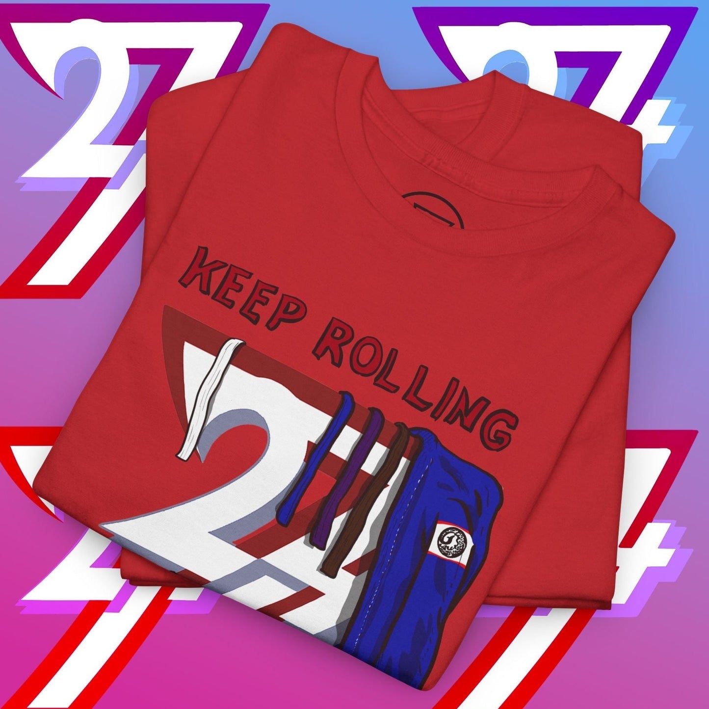 red Brazilian jiu-jitsu t-shirt with "Keep Rolling" graphic and gi belt illustration, martial arts training apparel