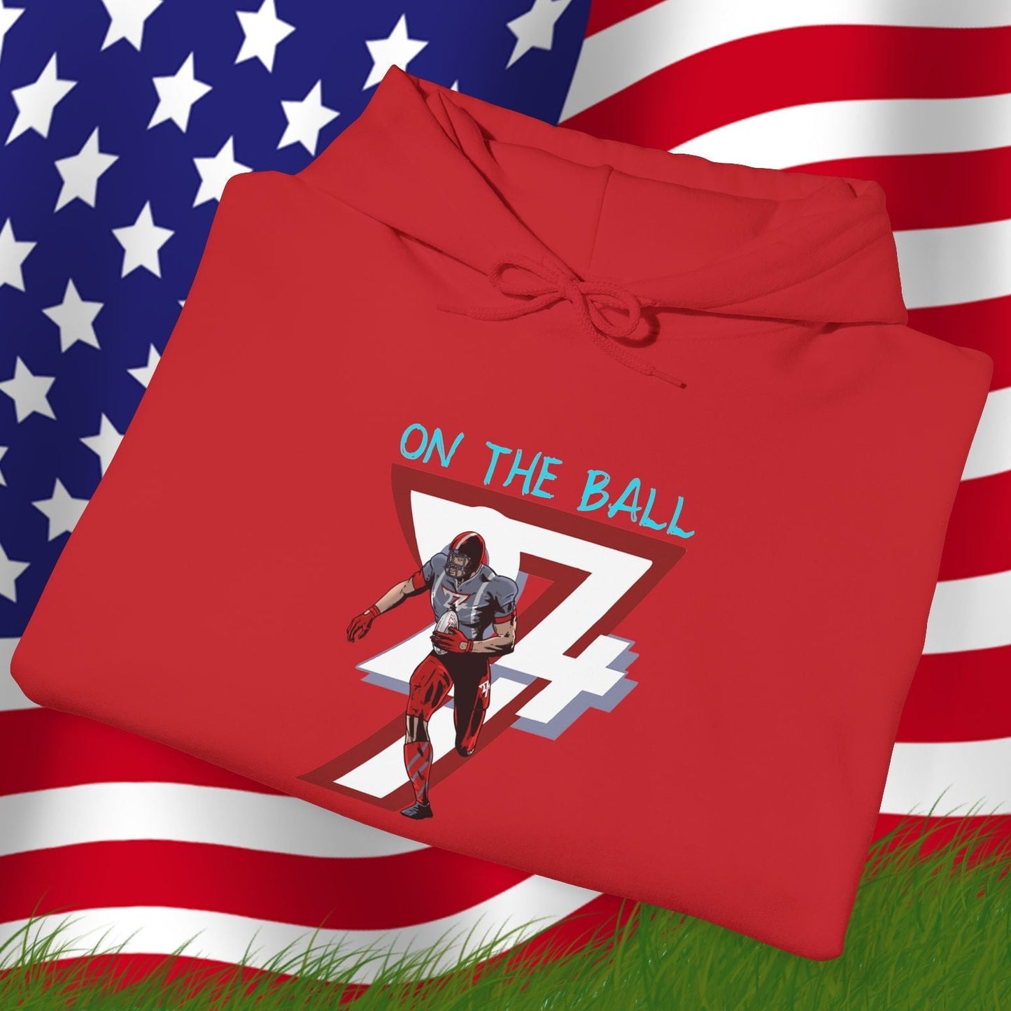red american football hoodie with hand-drawn player design and "On The Ball" text on American flag background