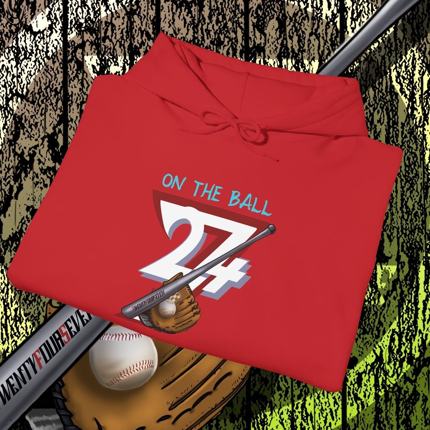 red baseball hoodie with bat, glove, and ball illustration, unisex outdoor sportswear gift