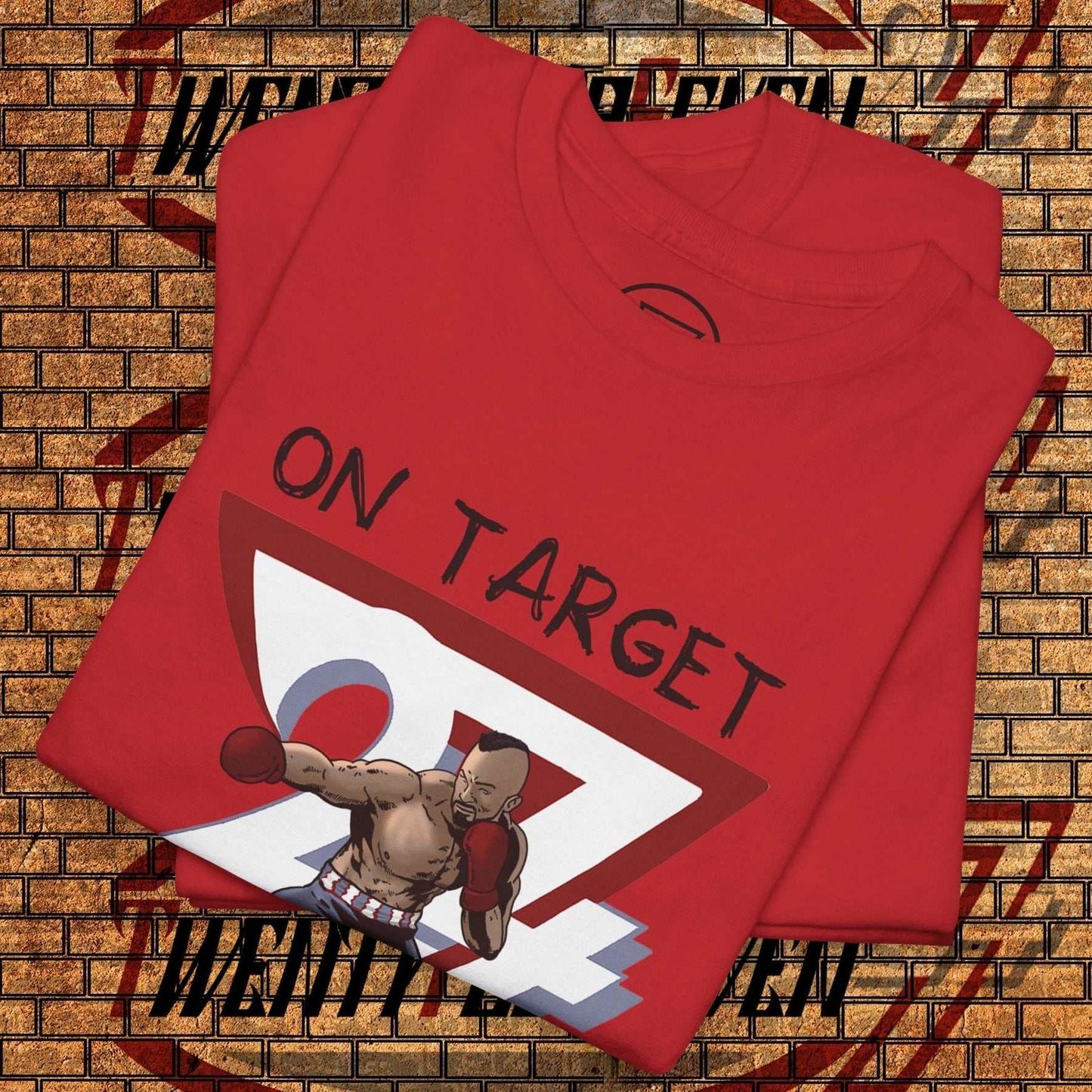 red boxing graphic shirt with hand-drawn boxer illustration and "ON TARGET" text