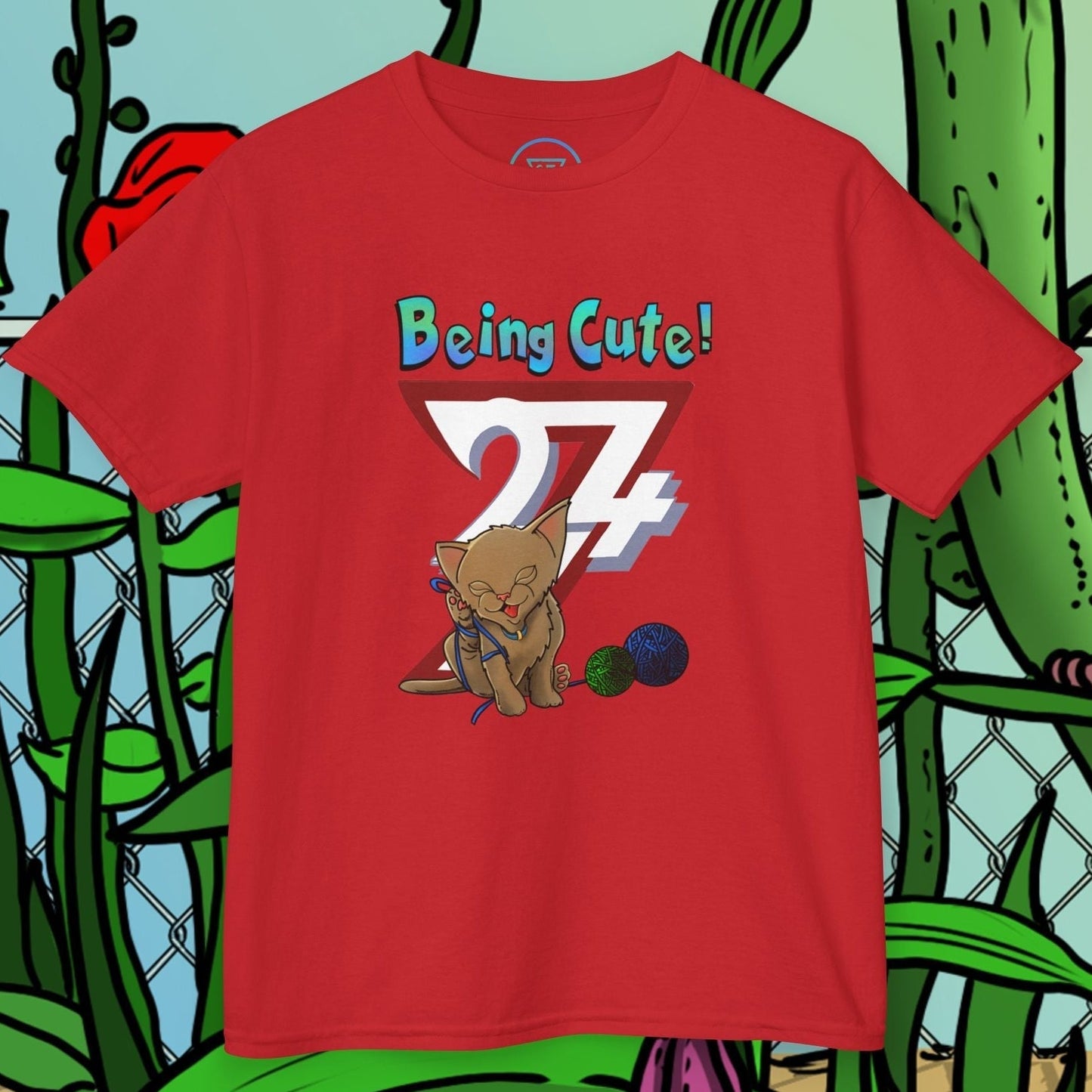 red kids cat t-shirt with hand-drawn cute cartoon kitten and "Being Cute! 24/7" text design