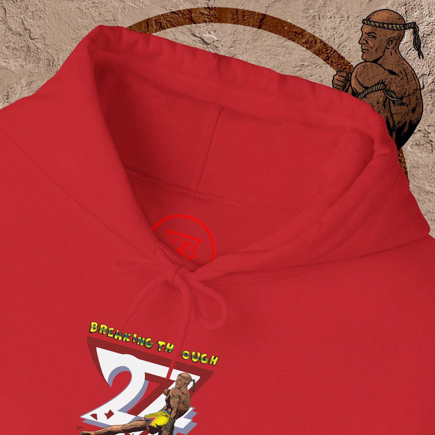 red muay thai hooded sweatshirt with fighter graphic and inspirational text design