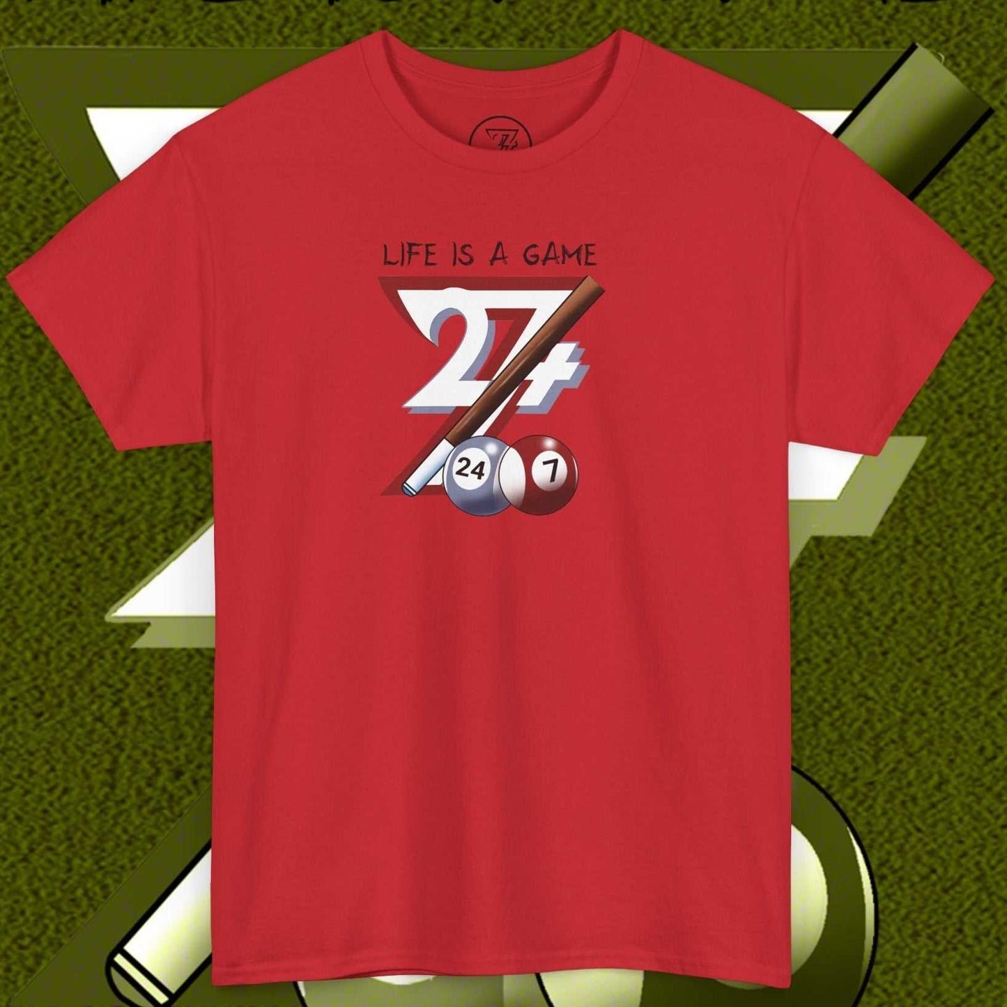 red pool tee with "Life is a Game" billiards design featuring colorful pool balls and cue stick