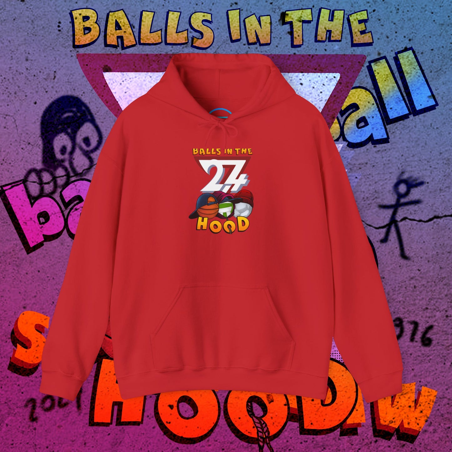 red printed hoodie with balls in the hood graphic for urban streetwear and ballgames