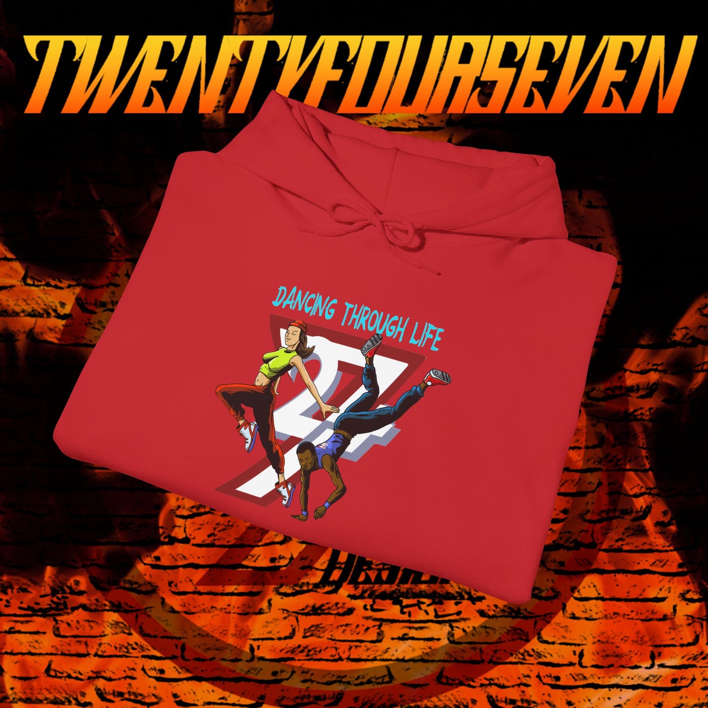 red streetwear hoodie with dancing graphic and "Dancing Through Life" text for urban dancers and TikTok fans