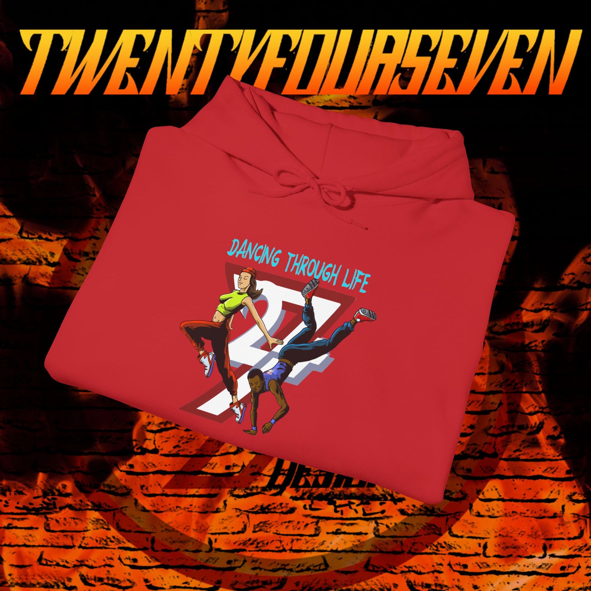 red streetwear hoodie with dancing graphic and "Dancing Through Life" text for urban dancers and TikTok fans