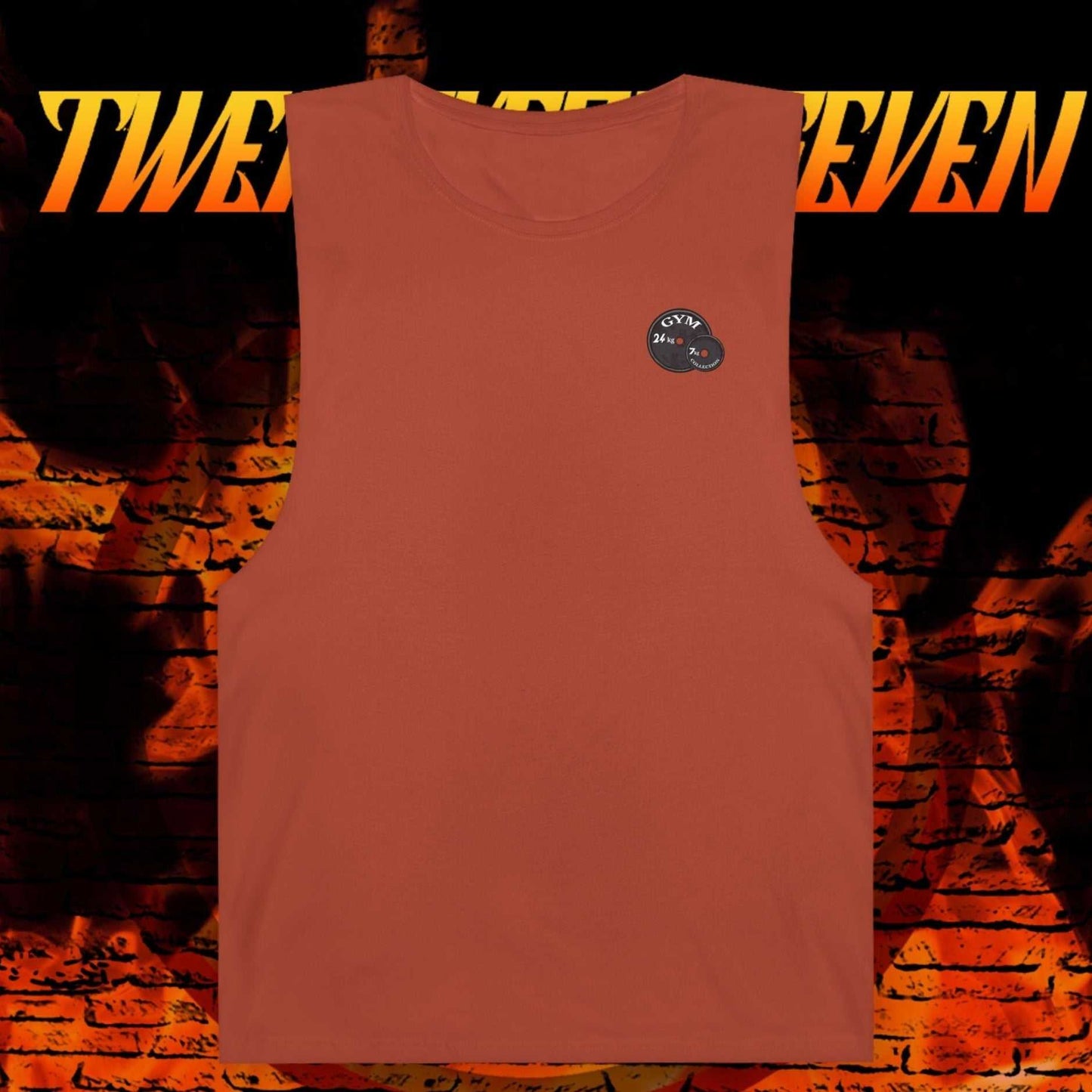 rust-colored workout top with raw sleeve edges and small weight graphic on chest, gym apparel for fitness and training