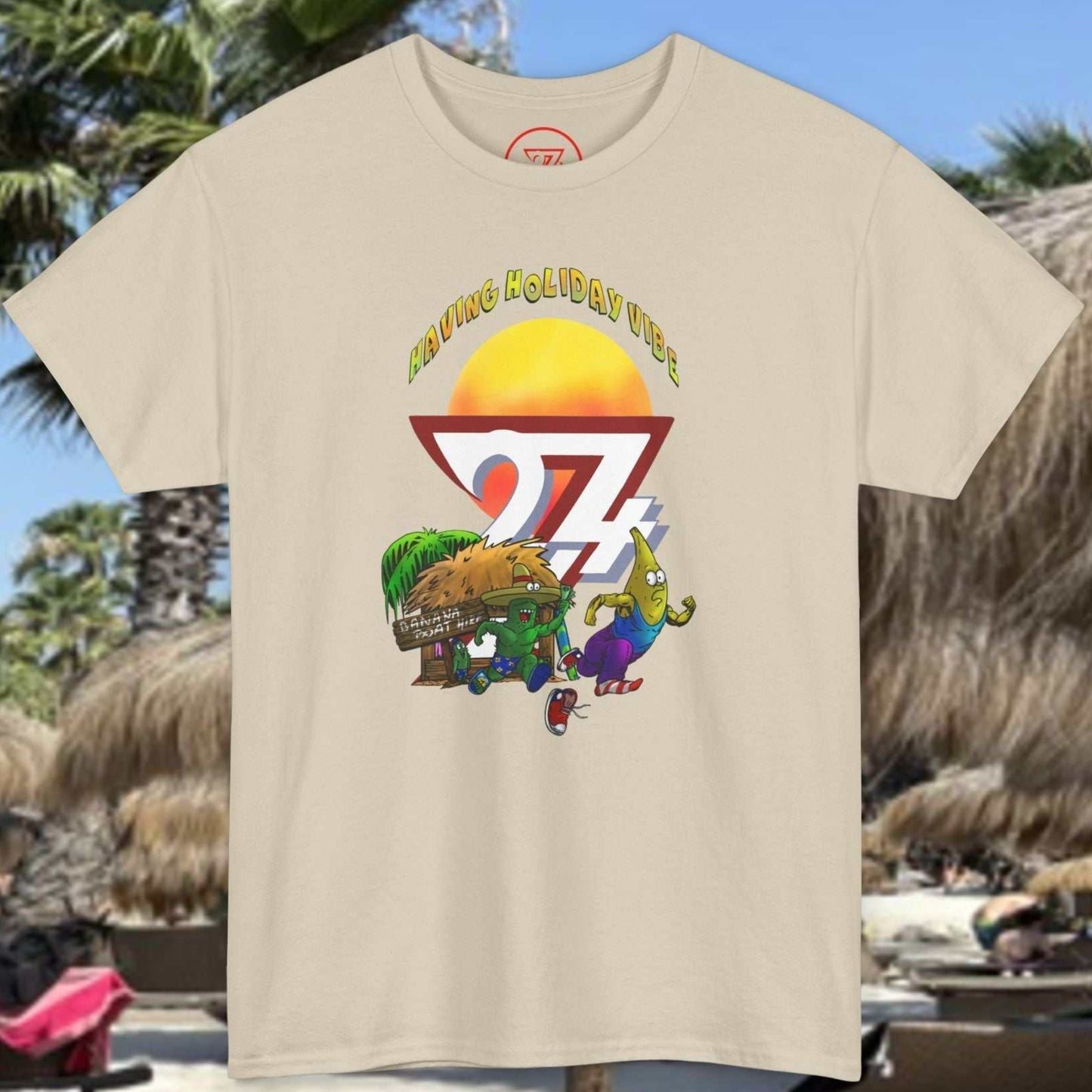 Sand Beige Adult Tropical Summer T-Shirt in 90s hand-drawn comic style.