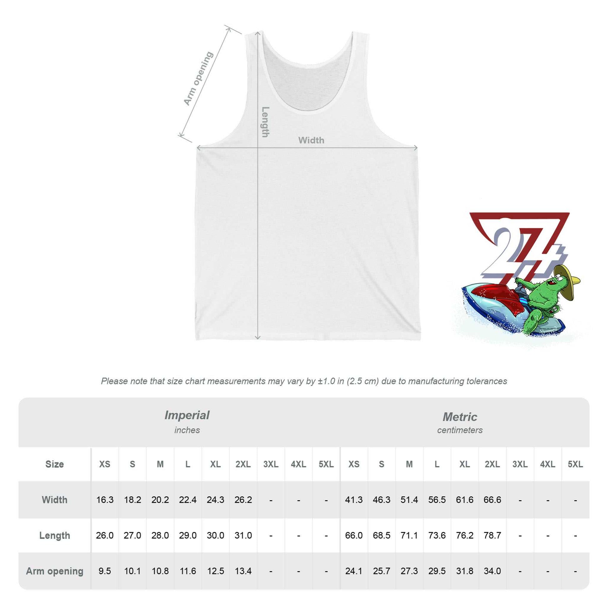 Size Chart of the Beach Tank Top with 90s comic style Jetski adventure.